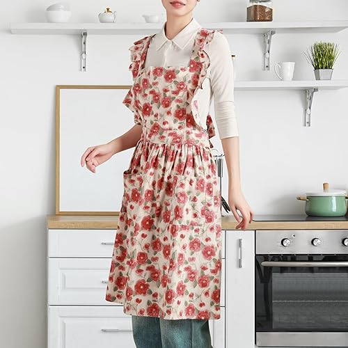 Miniatura 5 de Lindos delantales para mujer con bolsillos, delantal vintage, delantal retro con espalda cruzada para cocinar, cocina Floral rojo