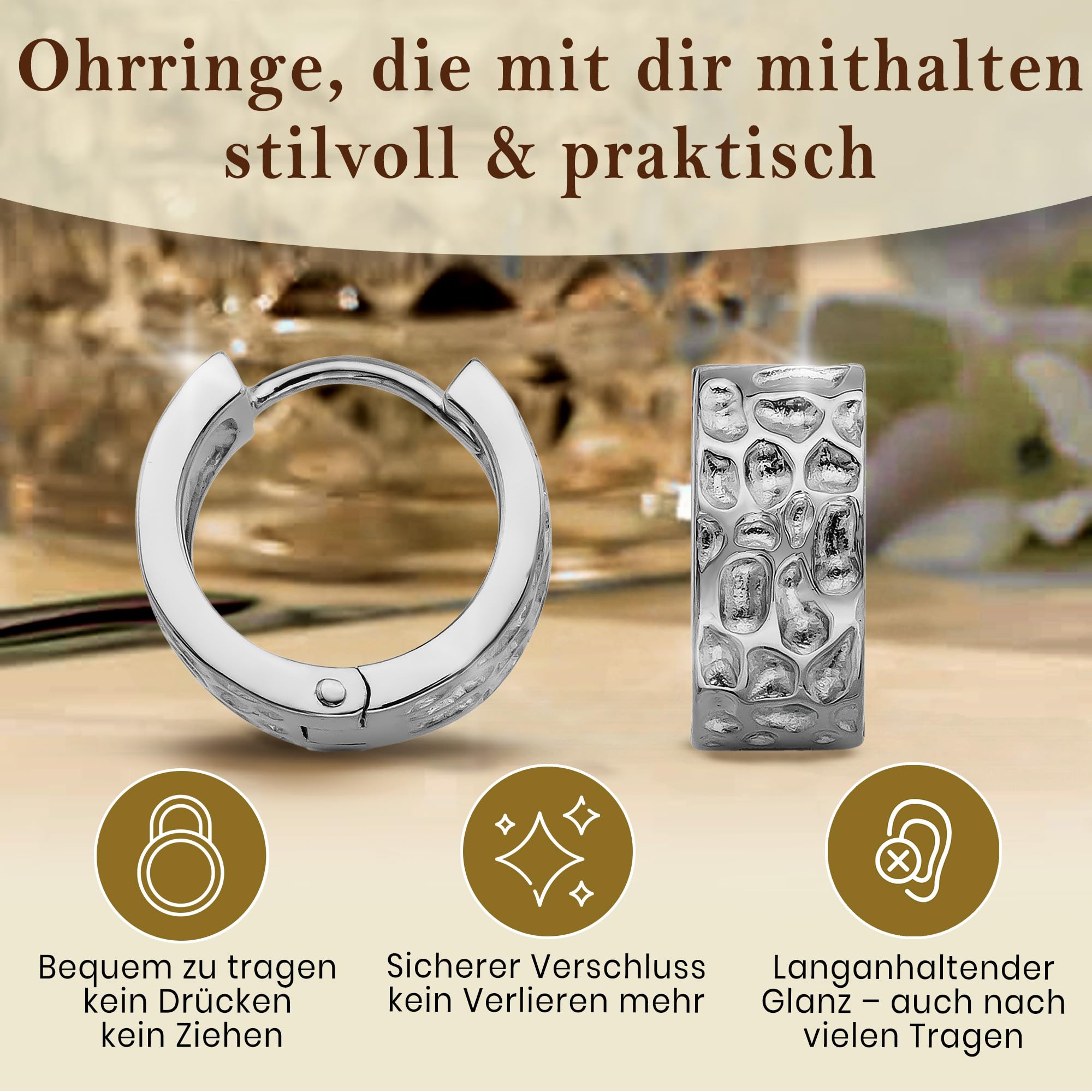 CASSINI Klappcreolen Ohrringe Silber 925 – Breite Creolen Silber 925 Klein, Poliert aus 925 Sterling Silber, Felsmuster Creolen für Damen,Ohrringe Allergiefrei und Nickelfrei – 3CTH