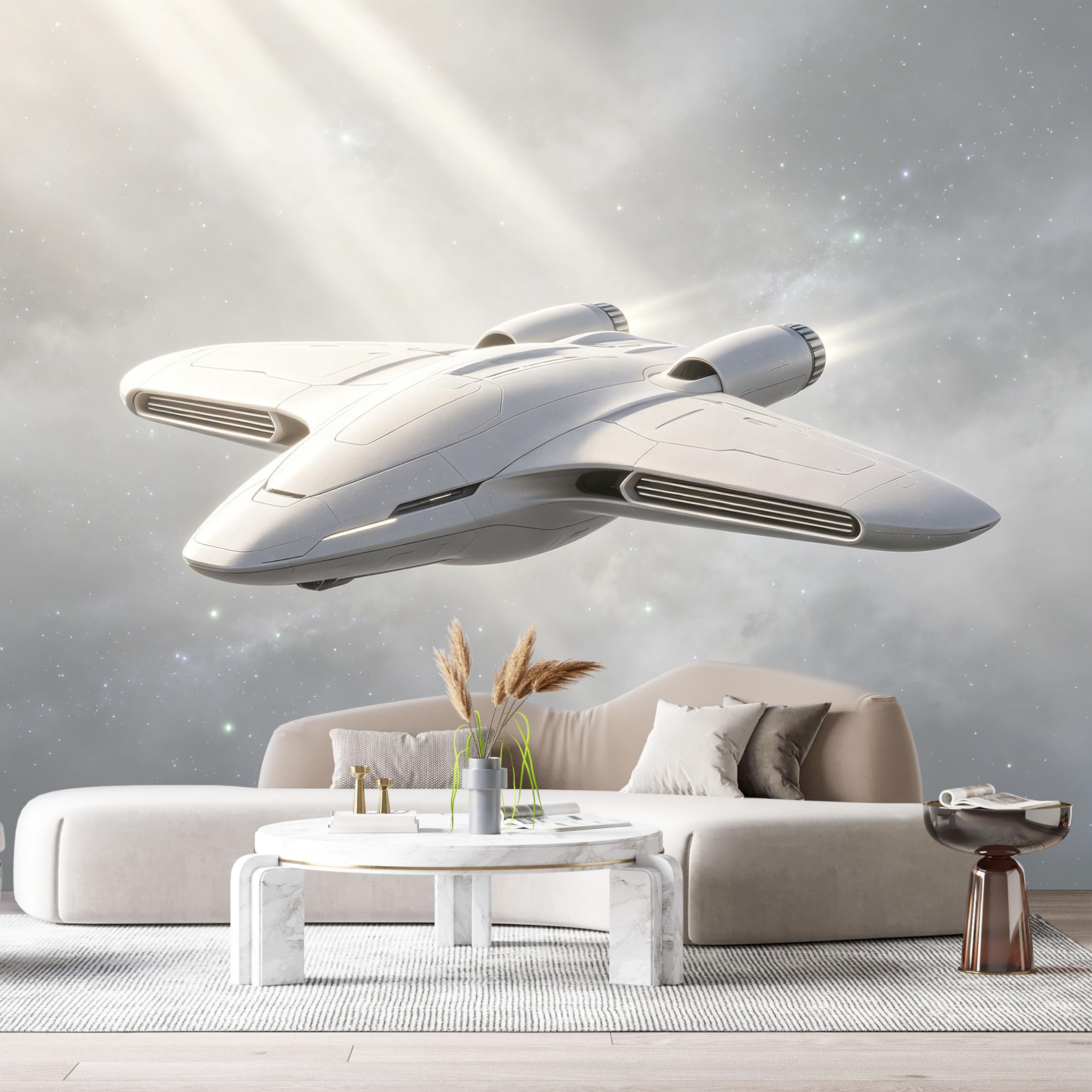 Custom Size Wall Mural Futuristic Spaceship SciFi Spacecraft Galaxy Scene 3D Space Exploration Minimalist Light Tone SelfAdhesive Art Prints Removable Wallpaper Esports Game Room Studio