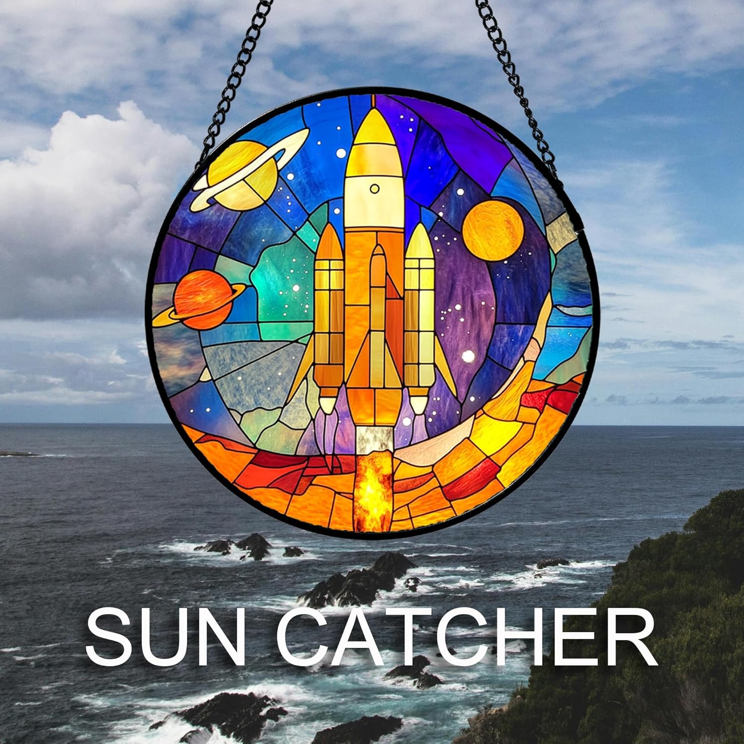 Stained Glass Window Hanging Abstract Universe Planetary Rocket Large 11.8" - Suncatcher Door Garden Sun Catcher Home Decor Birthday Children's for Men Teenage Boys Kids
