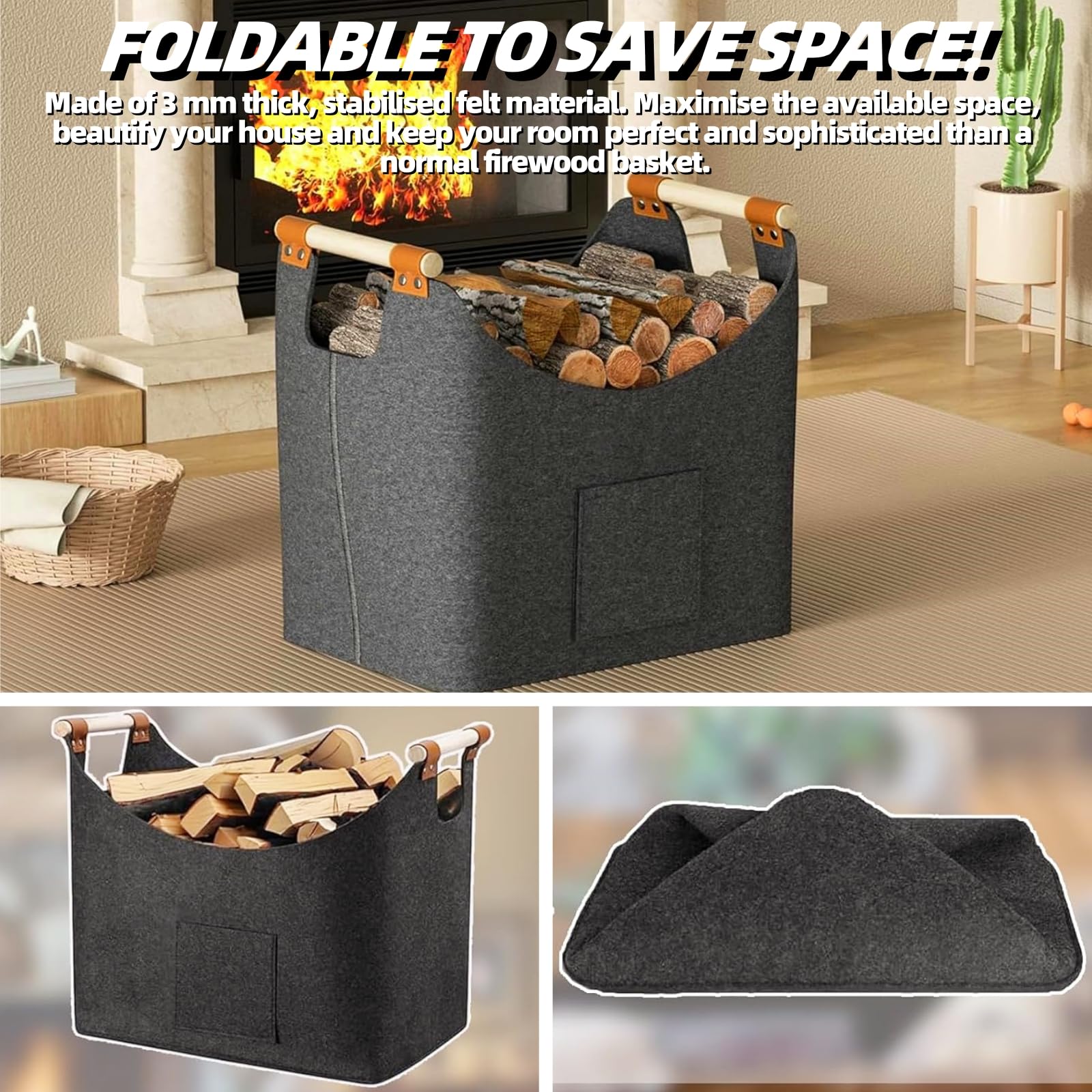 Panier à Bois de Chauffage Extra Large 50L Gris Foncé, Sac Pliable en Feutre avec Poignée Renforcée