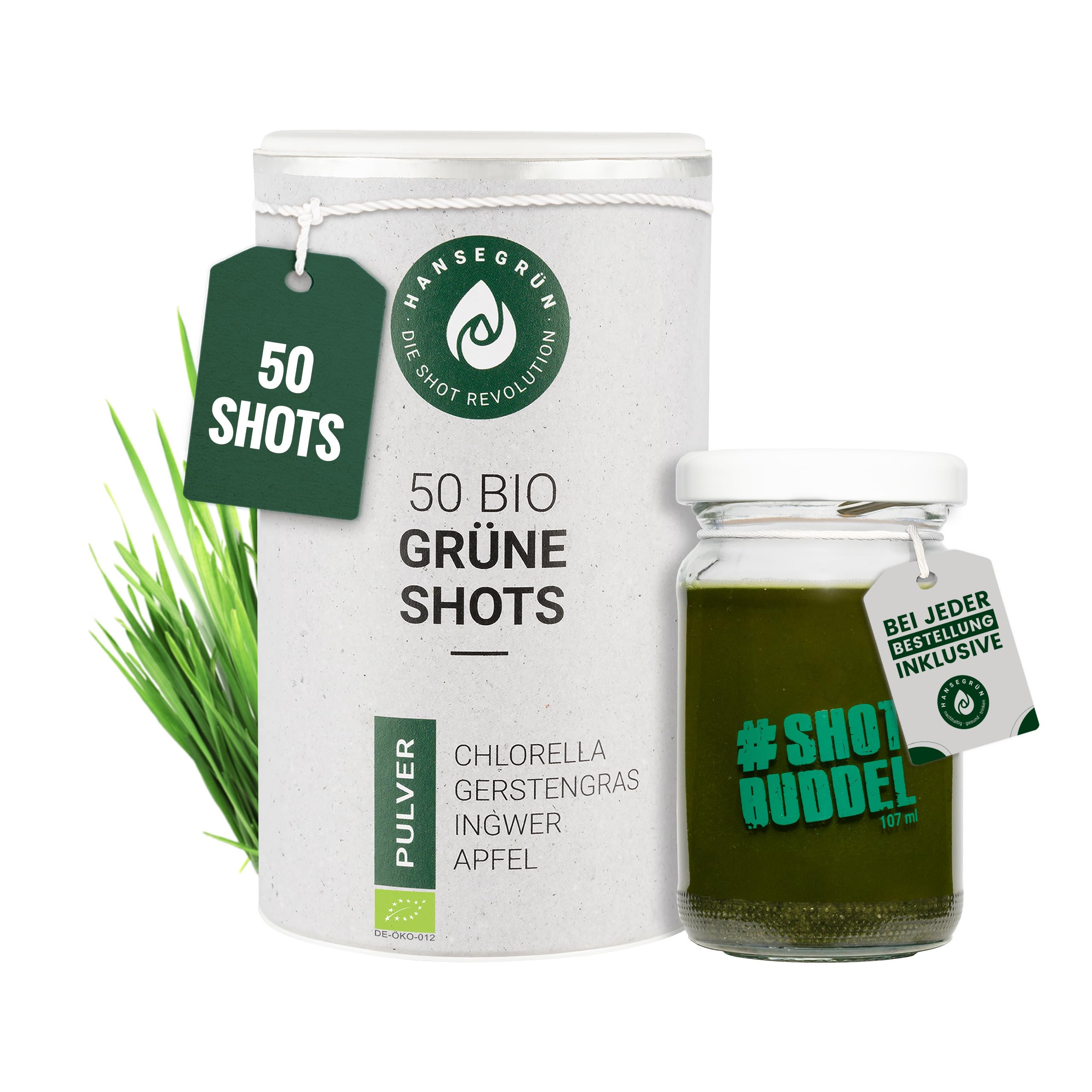 Hansegrün - Bio Grüne Darm¹ Shots (50 Stk.) - Superfood-Pulver mit Gerstengras - Vegane Greens für die Darm-Gesundheit¹ - mit Chlorella & Brennessel - 100% echte Zutaten zur täglichen Zubereitung