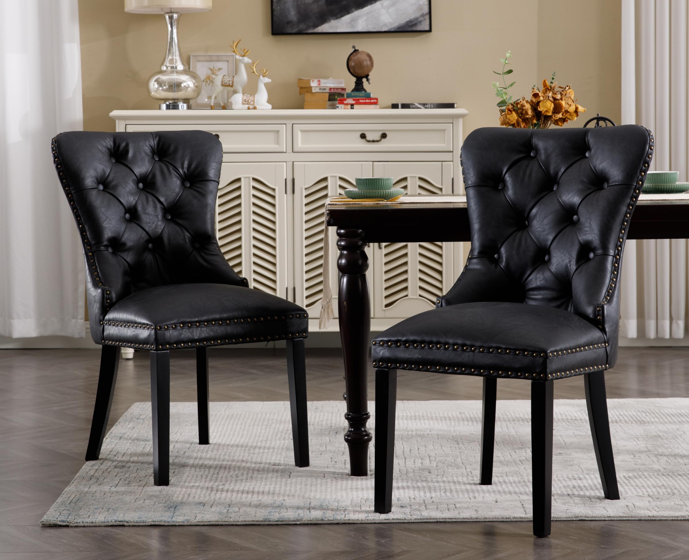 EALSON Modern Black Dining Chairs Set of 2 Mid Century Leather Dining Room Chairs with Wood Legs Tufted Upholstered Kitchen Side Chairs with Nail Head