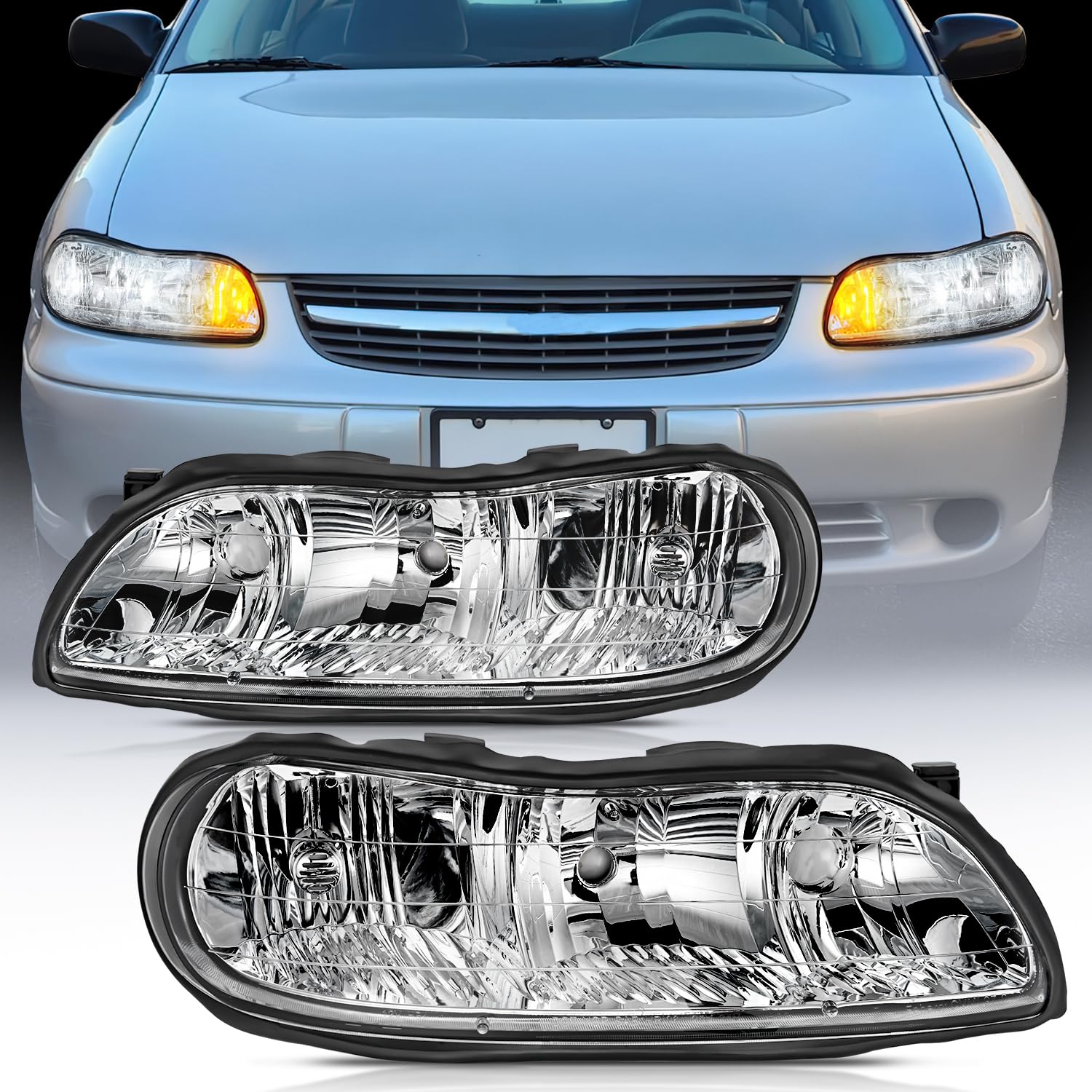 Gruppo faro per 1997 1998 1999 2000 2001 2002 2003 Chevy Malibu 2004 2005 Chevy Classic 1997-1999 Oldsmobile Cutlass sostituzione faro cromato alloggiamento riflettore trasparente, 2 anni di garanzia