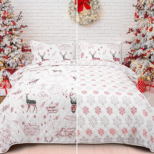 Miniatura 3 de Juego de edredón de Navidad tamaño Queen, juego de cama reversible de vacaciones con renos, juego de ropa de cama de Navidad rojo, juego de colcha