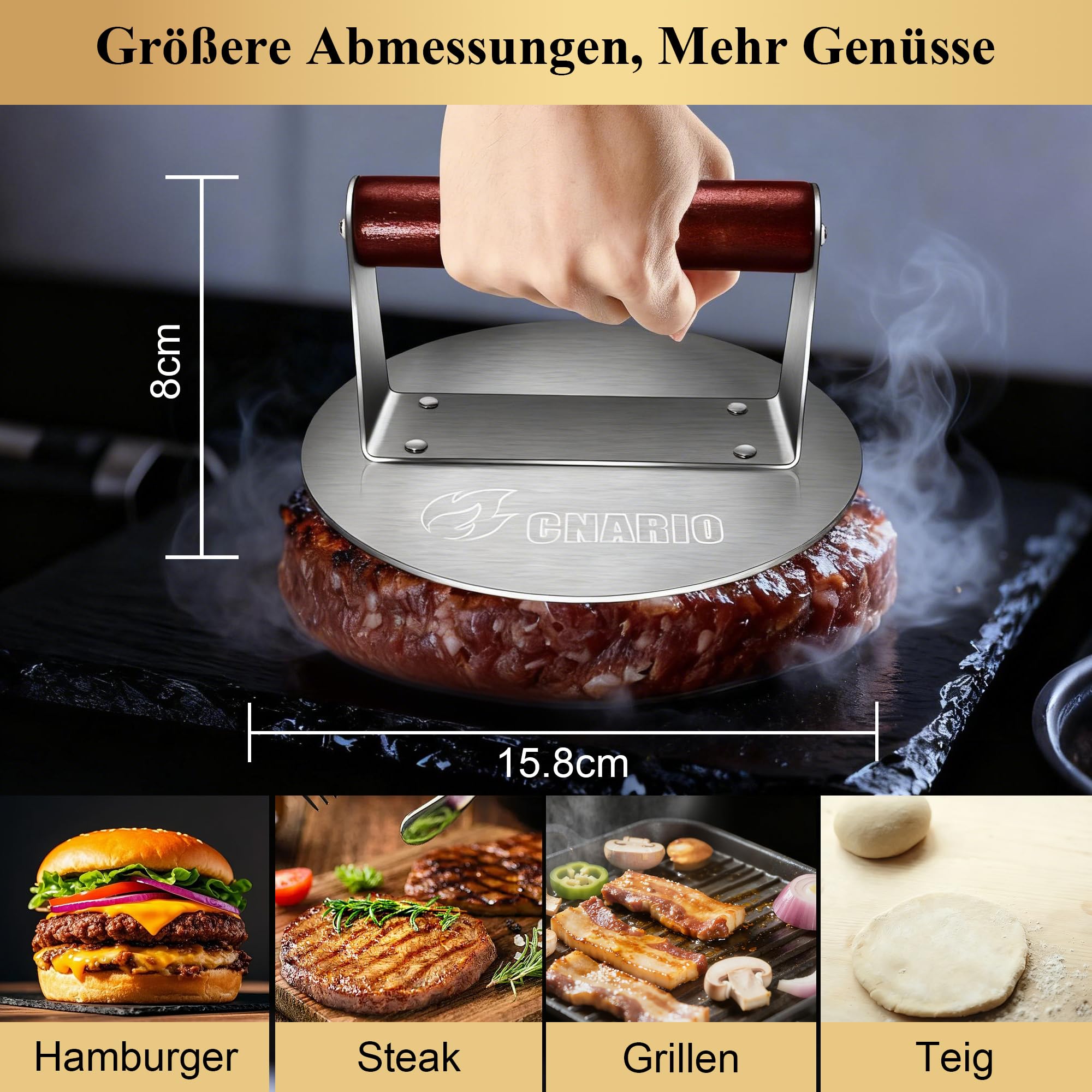 CNARIO Burgerpresse Edelstahl 16cm, Smash Burgerpresse mit Holzgriff | Burger Smasher, Hitzebeständig & Antihaft | Professionelle Patty Presse für Flat Top Grill, Grillplatte, BBQ | Leicht zu Reinigen