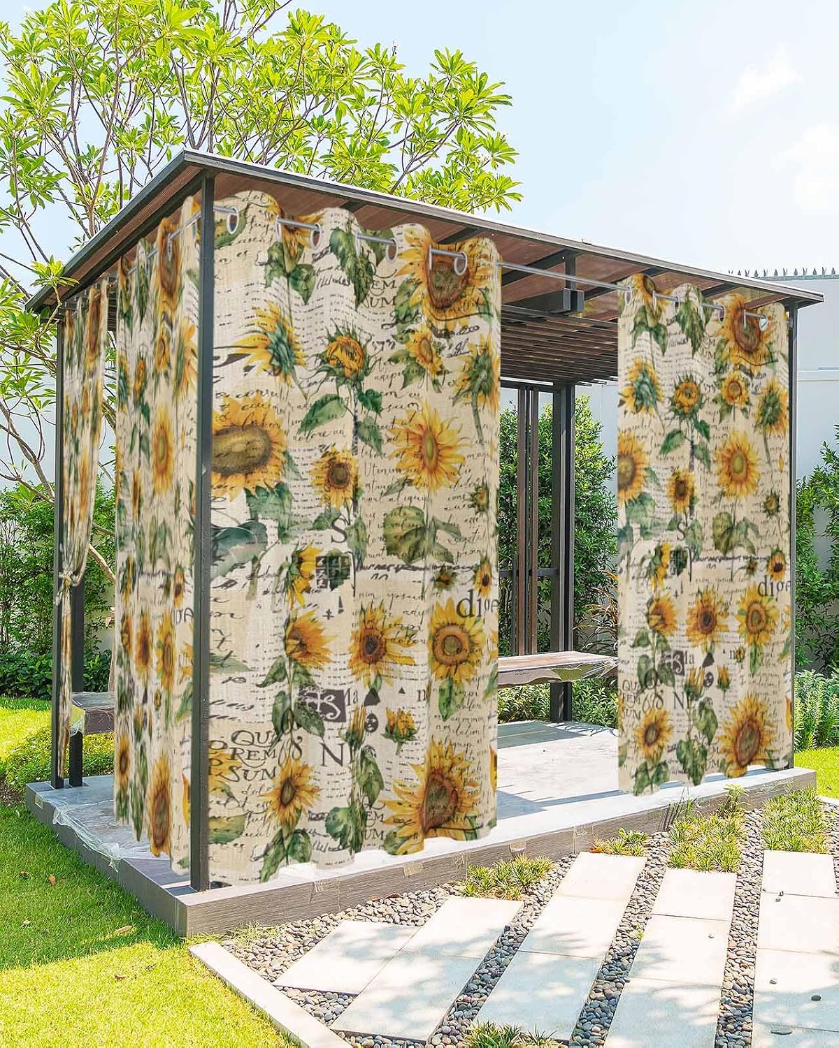 Outdoor Curtains for Patio Waterproof, Summer Vintage Sunflowers Old Newspaper Texture Windows Curtains Panels Light Filtering Outside Drapes for Living Room/Pergola/Garden/Balcony 52"Wx108"Lx2