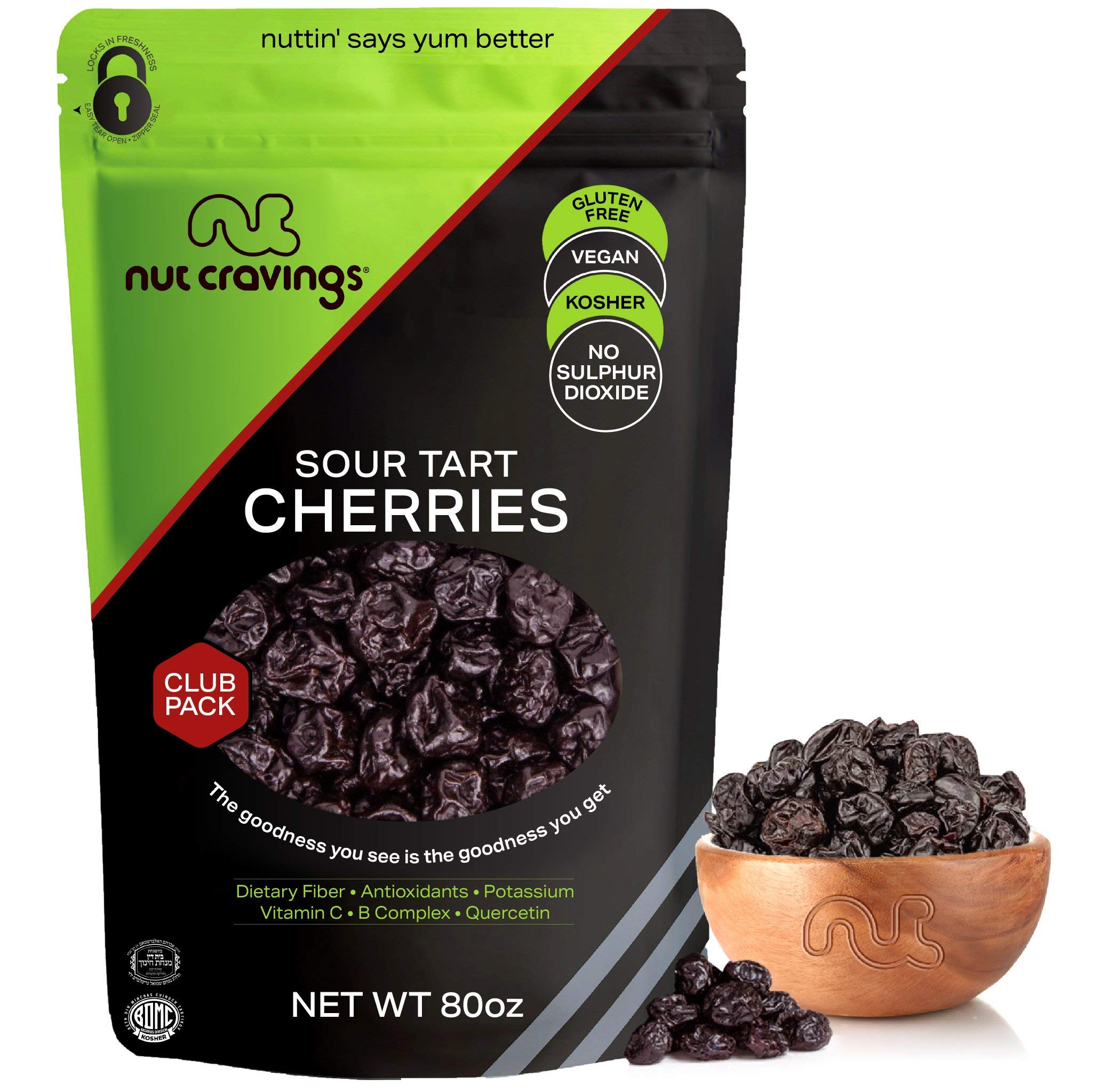Nut CravingsDry Fruits - Sun Dried Sour Tart Cherries, Lightly Sweetened (80oz - 5 LB) Packed Fresh in Resealable Bag - Sweet Snack, Healthy Food, All Natural, Vegan, Kosher Certified