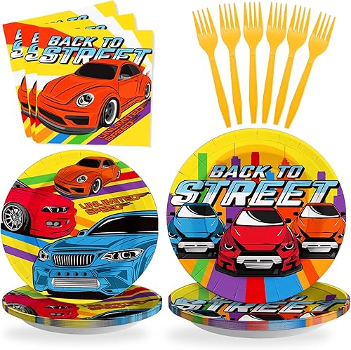 SCIONE Juego de 96 platos de tren y servilletas para fiesta, temática de tren retro, decoración de fiesta de cumpleaños, juego de vajilla para 24