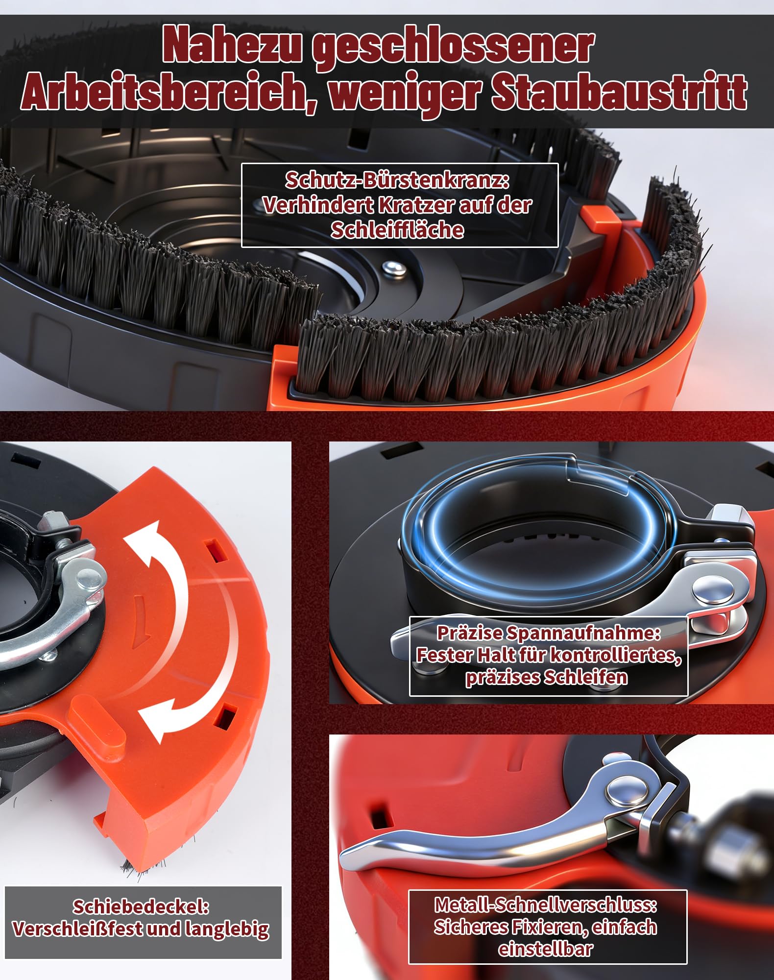 Capot d'aspiration universel pour meuleuse d'angle 115/125 mm avec couronne de brosse avec adaptateur et outil, jusqu'à 90 % de poussière en moins lors du ponçage pour meuleuse d'angle 115/125 mm