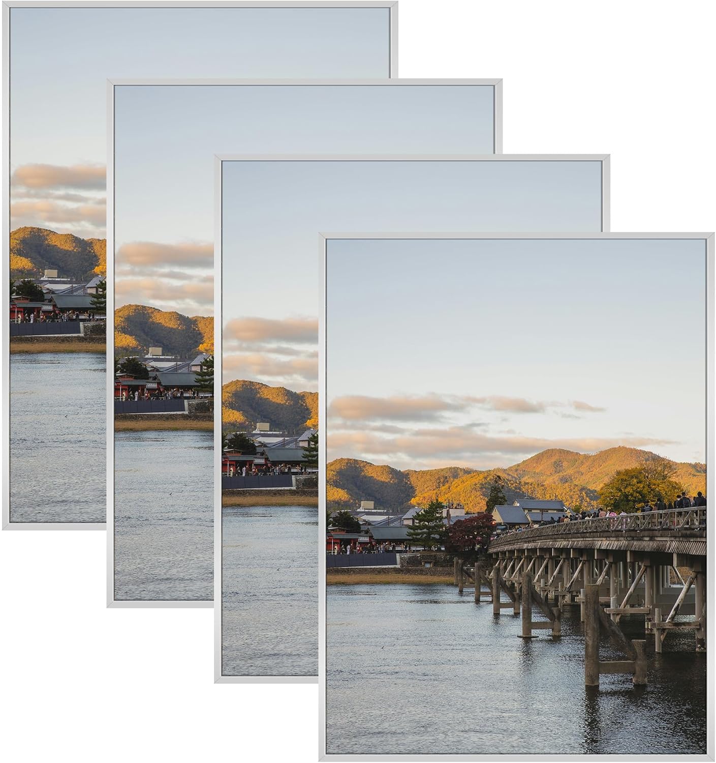 Frametory, 18x24 Aluminum Picture Frame, Real Glass Front, Display 18 x 24 Photo for Wall, 18 by 24 Poster Frame, Hook for Horizontal/Vertical Mount (Silver 4 Pack)