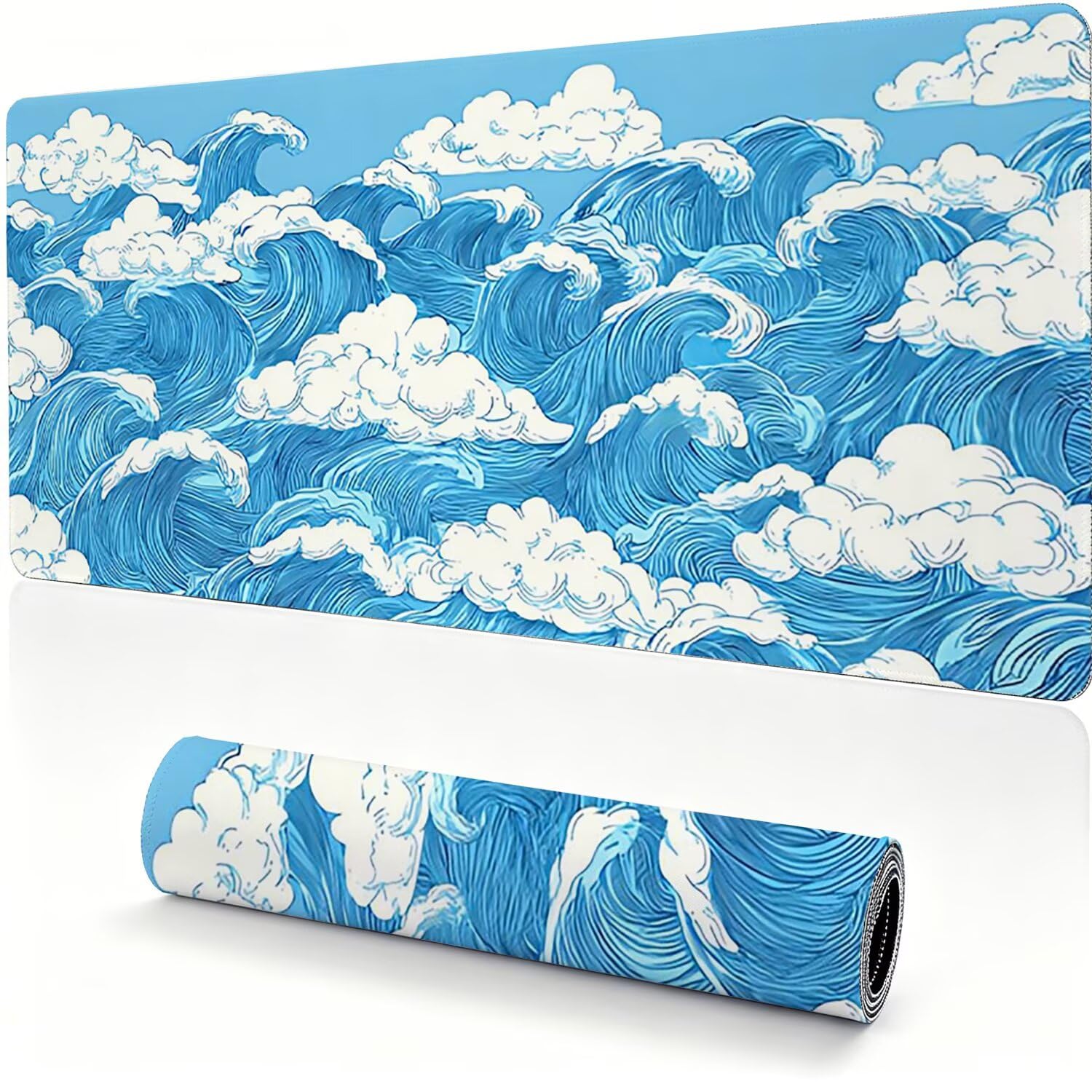 Podkładka pod mysz XXL 1000 x 500 x 4 mm, duża podkładka na biurko, fale, niebieska, 0x0-190