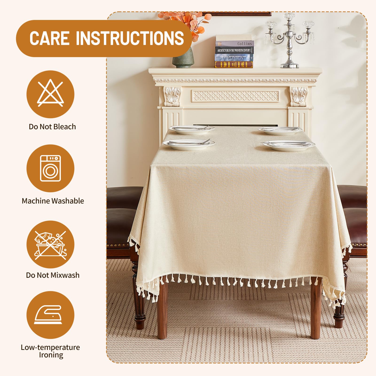 Nappe Beige, Rectangulaire 155 x 350 cm, à Pompons, n Lin Nappe, Unie et de Haute Qualité, pour Cuisines, Salles à Manger, Salons et Espaces Extérieurs.