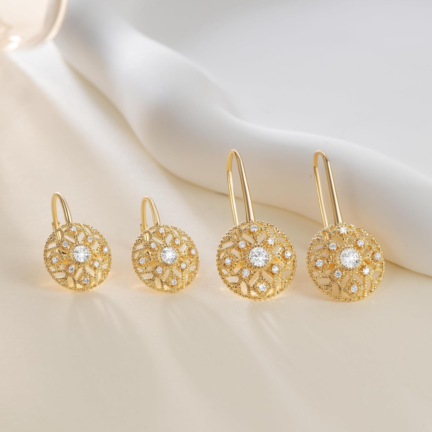 Eloqueen 14K Gold Drop Earrings Dangle Earrings for Women Leverback Dangle with Cubic Zirconia with Engraved Details 14K Gold Earring for Women 14/16mm
