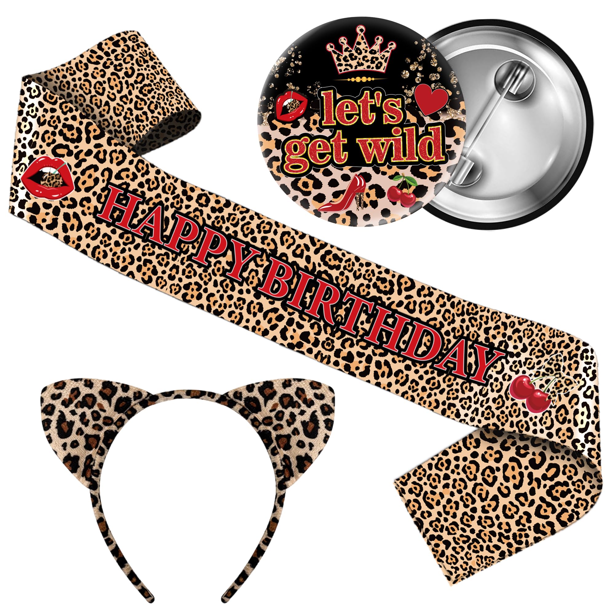 Leopard Print Birthday Decorations Sash - 3 Pcs Happy Birthday Cheetah Cherry Ribbon Let’s Get Wild Badge Headband for Girls Women Safari Animal Theme Party Decorations Accessories