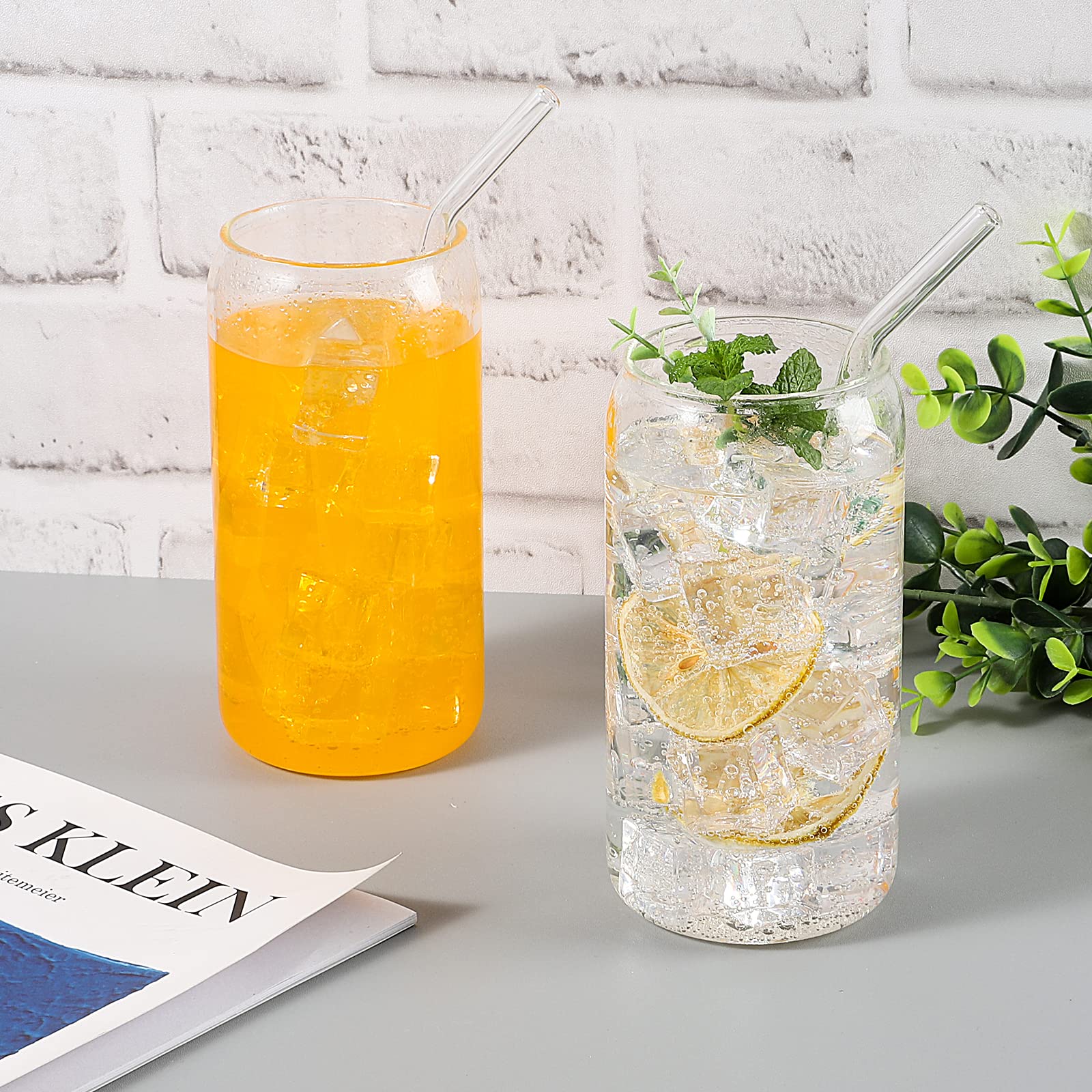 Juego de 6 vasos de cerveza con pajita de cristal, vasos de cerveza de 16 onzas, vasos de vidrio, vasos de café, ideales para whisky, refrescos, té, gran regalo + 2 cepillos de limpieza