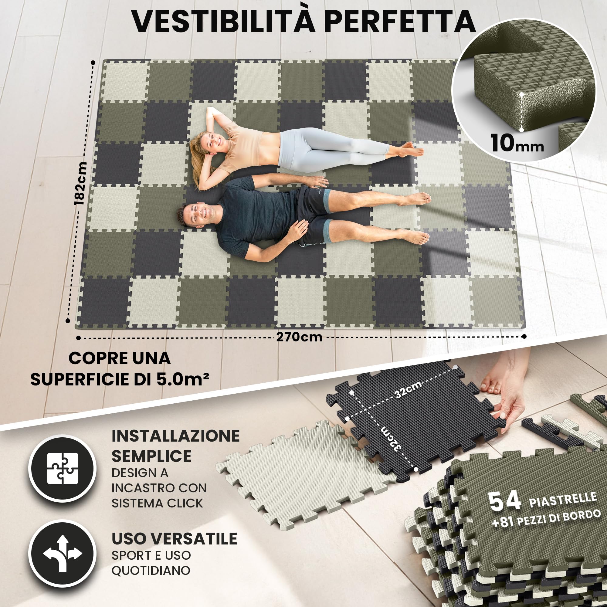 bemaxx Tappeto Palestra Tappetino Fitness da Ginnastica a Puzzle EVA | Pavimento Protettivo Incastro Tatami Allenamento Protezione Sport, Materassino Mattonella Pavimentazione per Home Gym Manubri