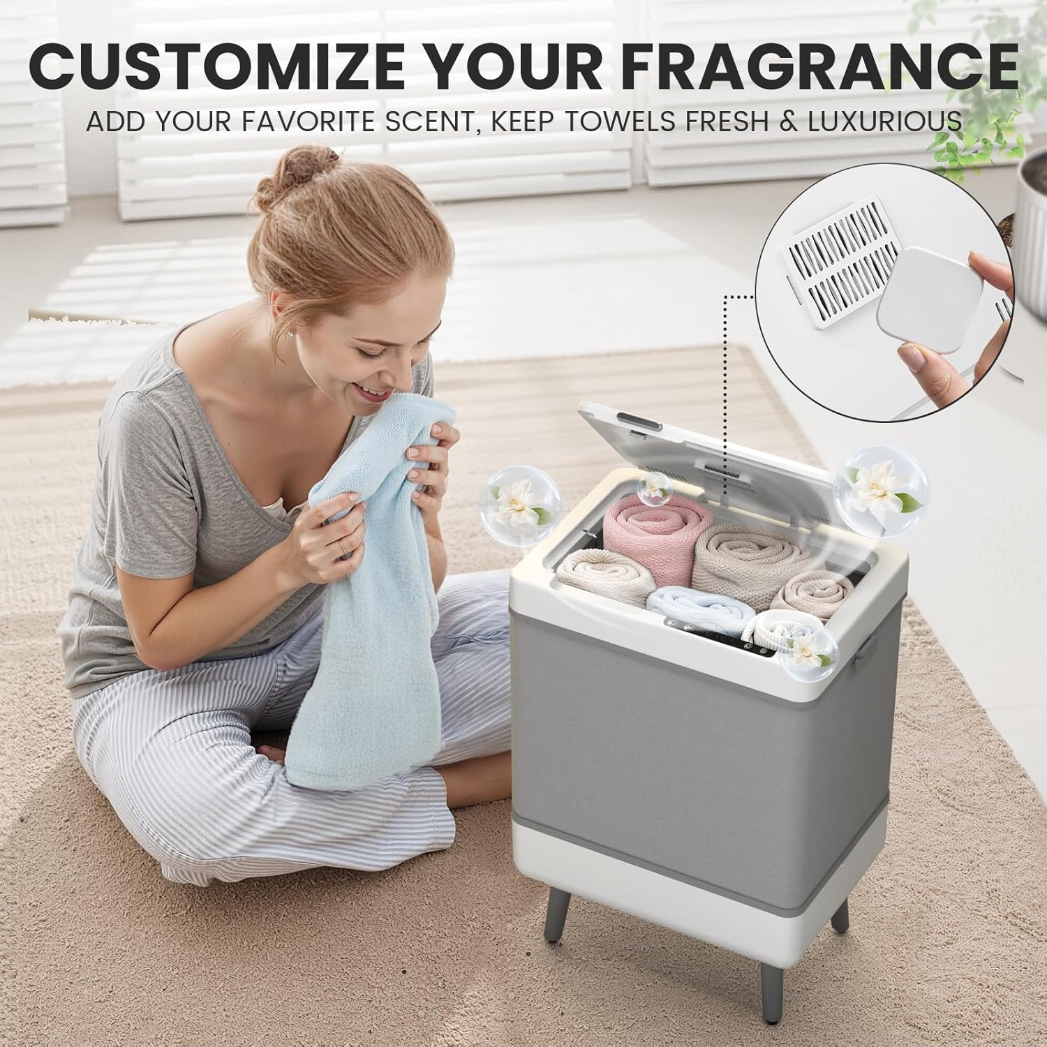 AGLUCKY Foldable Towel Warmer, 35L Large Capacity PTC Heater with Aromatherapy, Temper & Timer Functions, Fits Up to Three 45"x70" Oversized Towels, Auto Shut Off, Towel Dryer for Home Spa