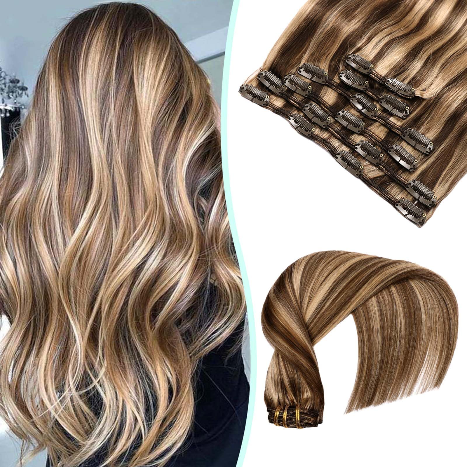VINBAO Extension Capelli Veri Clip 120g 45cm Marrone Cioccolato Misto Biondo Scuro Clip Extension Capelli Veri, 6pcs Clip Capelli Veri Lisci Estensioni Dei Capelli Umani Reali (#4P27, 18'')