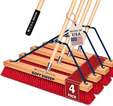 4-Pack - 24" Soft Sweep Indoor Push Broom with 60" Handle. Ideal for Epoxy & Polished Floors. Durable American Made Steel Brackets-Stainless Steel Hardware. No Plastic. 100% USA Made