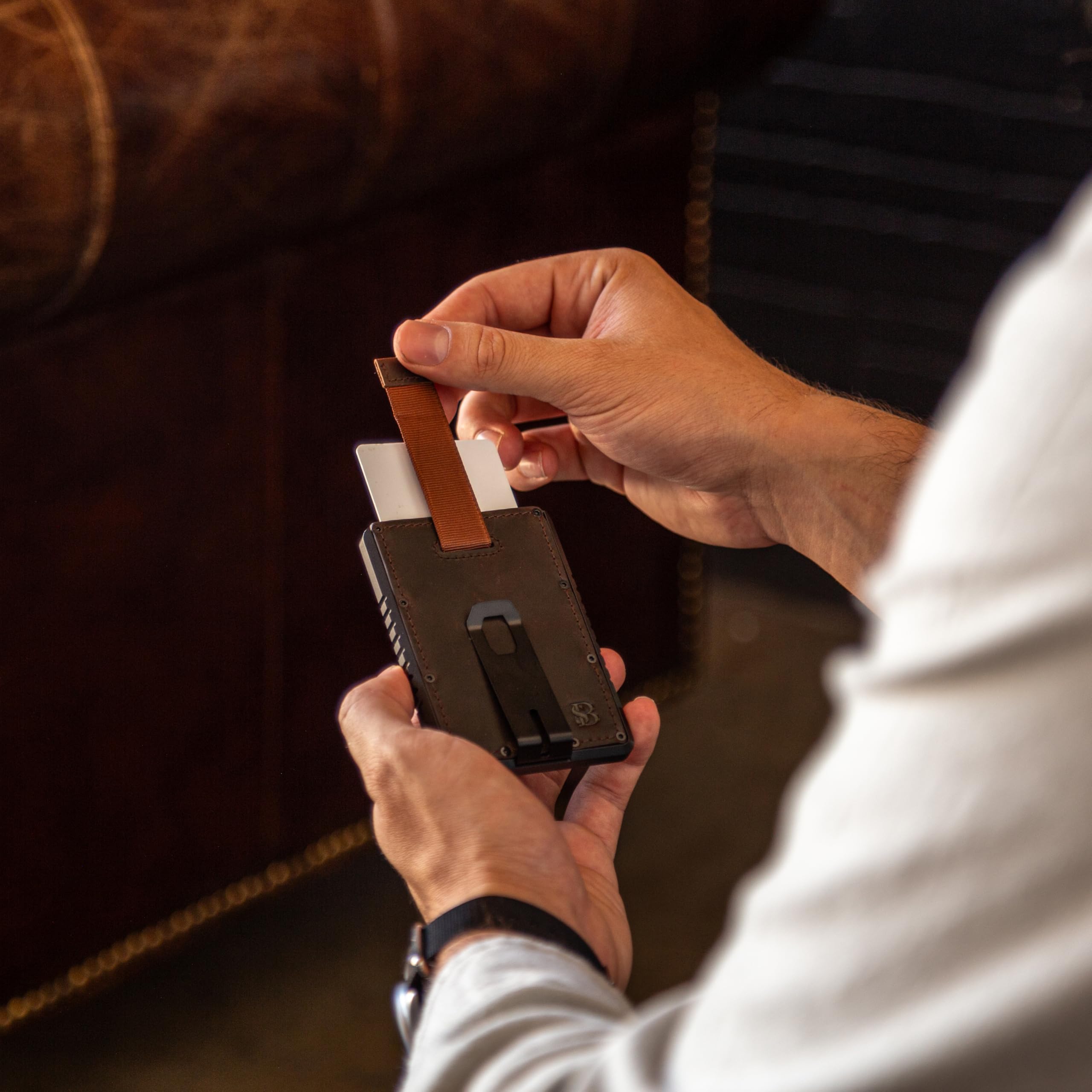 SERMAN BRANDS Metal Wallet - Slim RFID Blocking Wallet for Men with Money Clip - Metal Minimalist Front Pocket Wallet - Thin and Compact – Full Grain Leather Card Holder for Men - Texas Brown Raptor