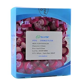 Simsii Syringe Filter, Hydrophobic PTFE Membrane Disc, Diameter 13 mm, Micron Pore Size 0.22 ?m, 100/pack