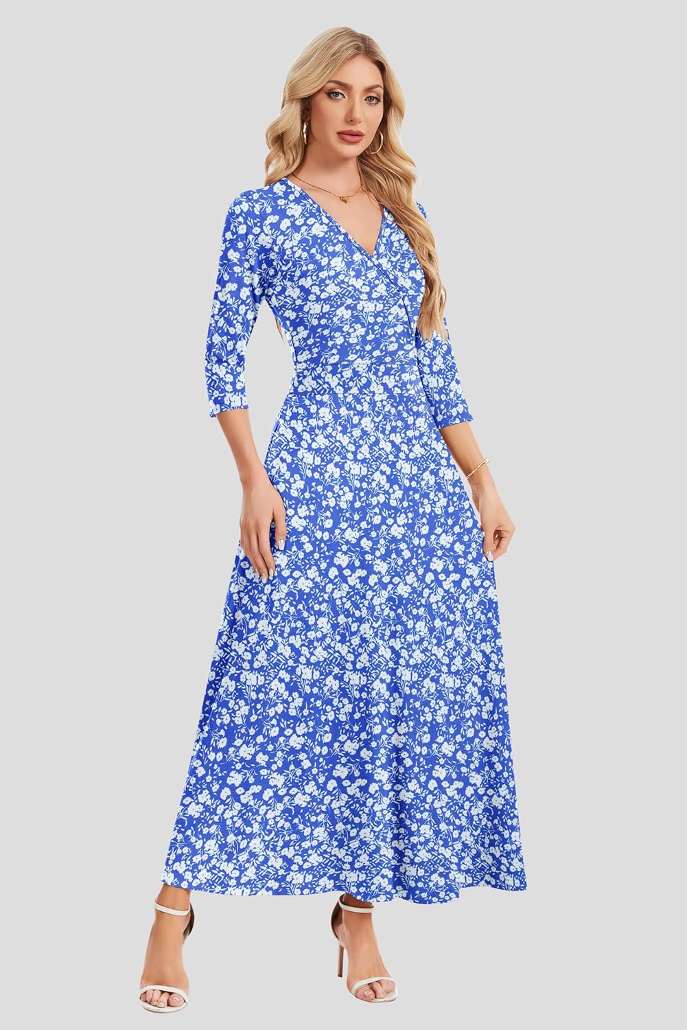 AUSELILY Maxi Dresses for Women 3/4 Sleeve V Neck Wrap Casual Loose Floral Long Dresses with Pockets All-Season - Image 2