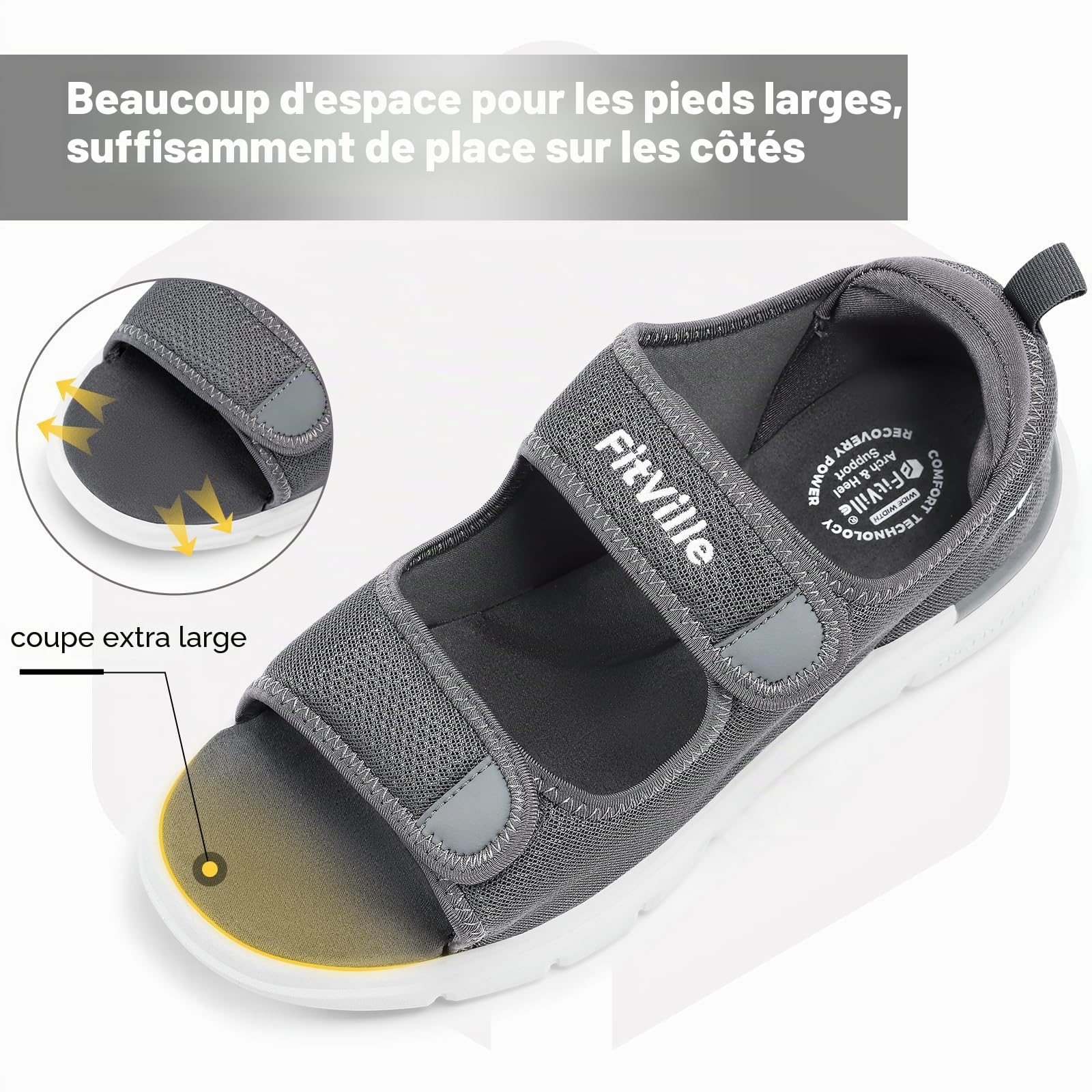 FitVille Sandales Diabétiques Hommes Large Ouverture Chaussures Orthopédique Scratch Sandales Rééducation pour Pieds Gonflés