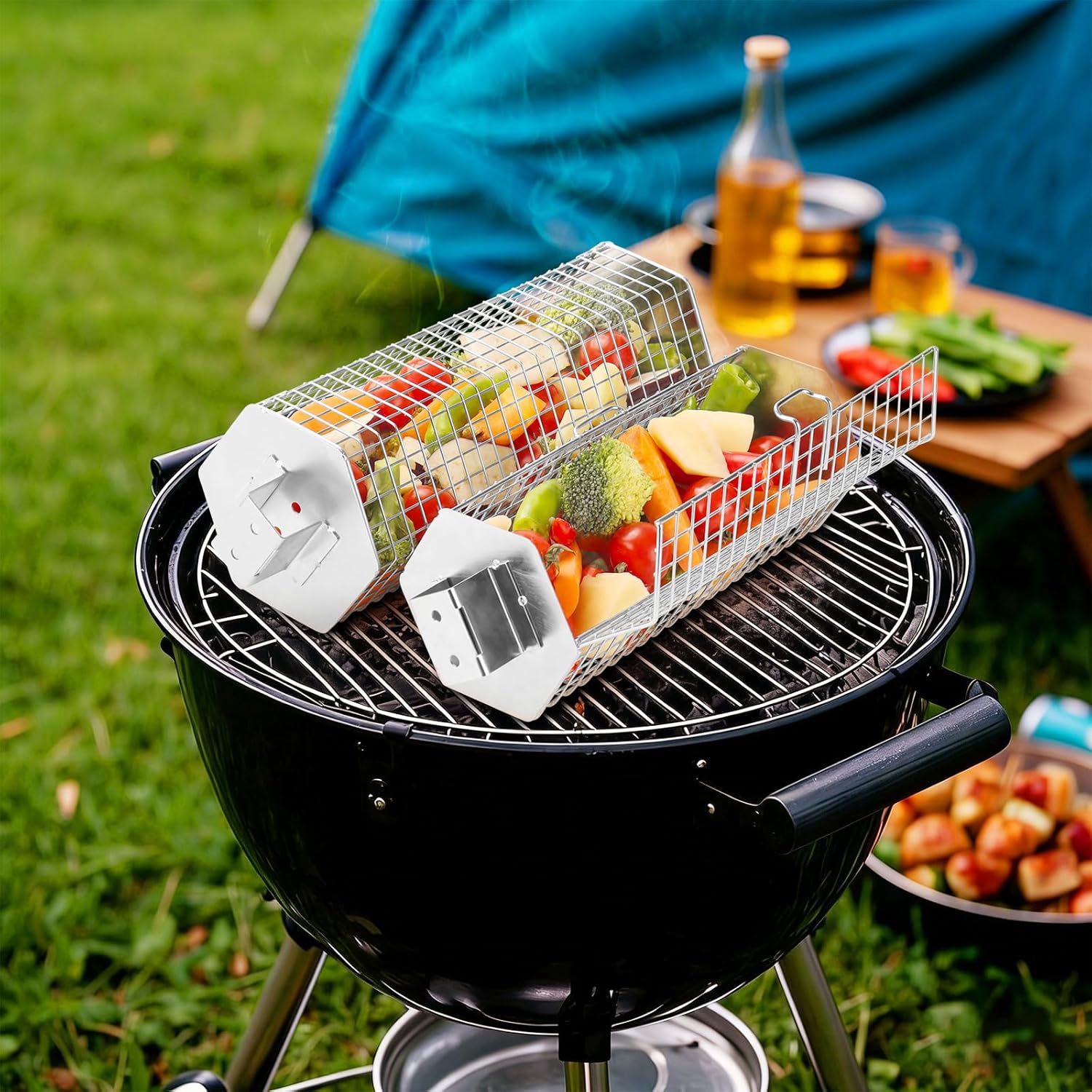 Grill Baskets Set, 2 PCS Stainless Steel Grill Baskets with Removable Wooden Handles, Nesting BBQ Tools, Hexagon Design for Outdoor Cooking Camping, Birthday Gifts for Men Dad Husband