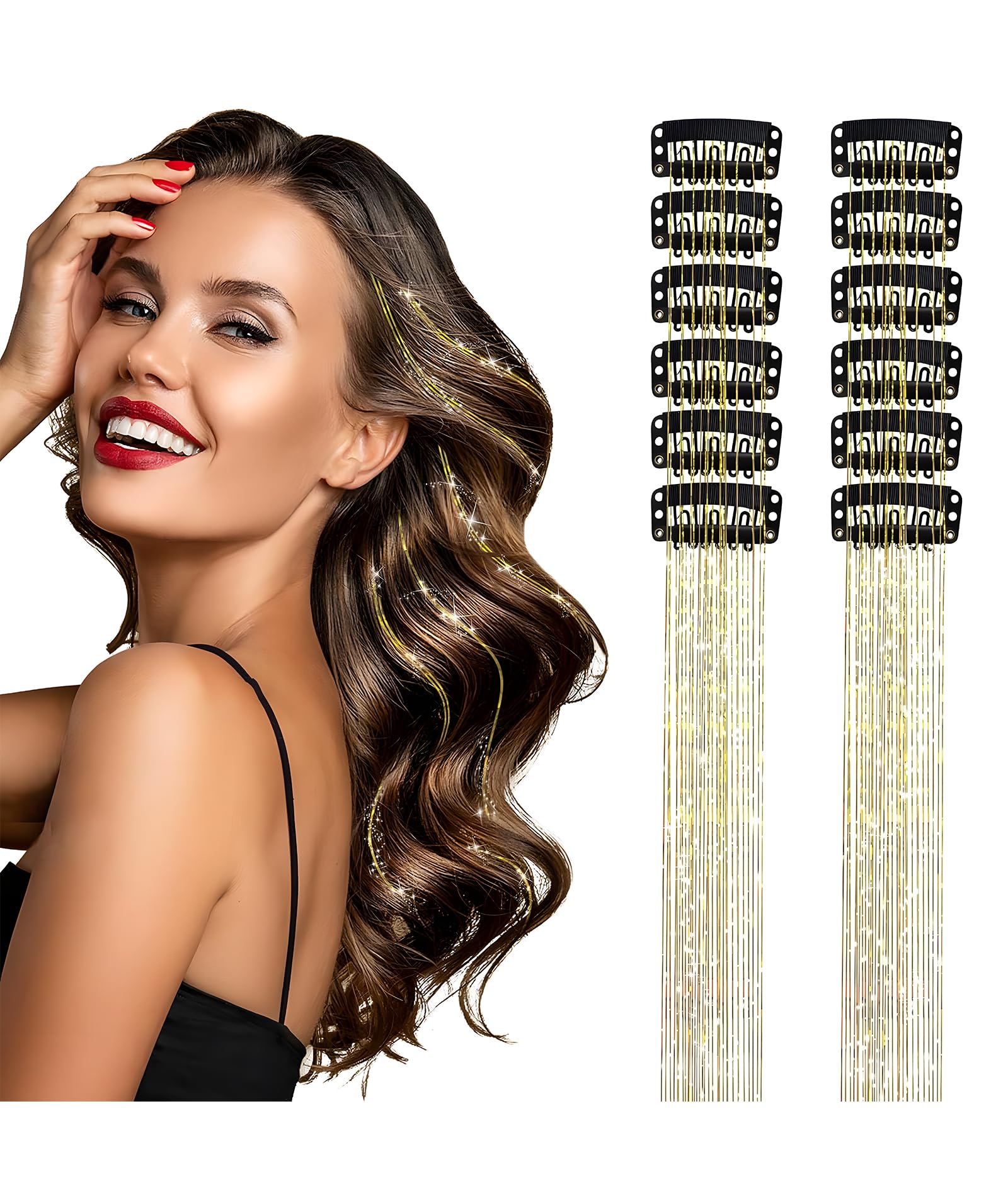 12PCS Hair Tinsel, Tinsel Hair Extensions Glitter, Hair Tinsel for Women and Girls, Festive Hair Accessories for Party, Cosplay, Wedding, Holiday Events, Easy to Apply and Remove, Lightweight and Shiny