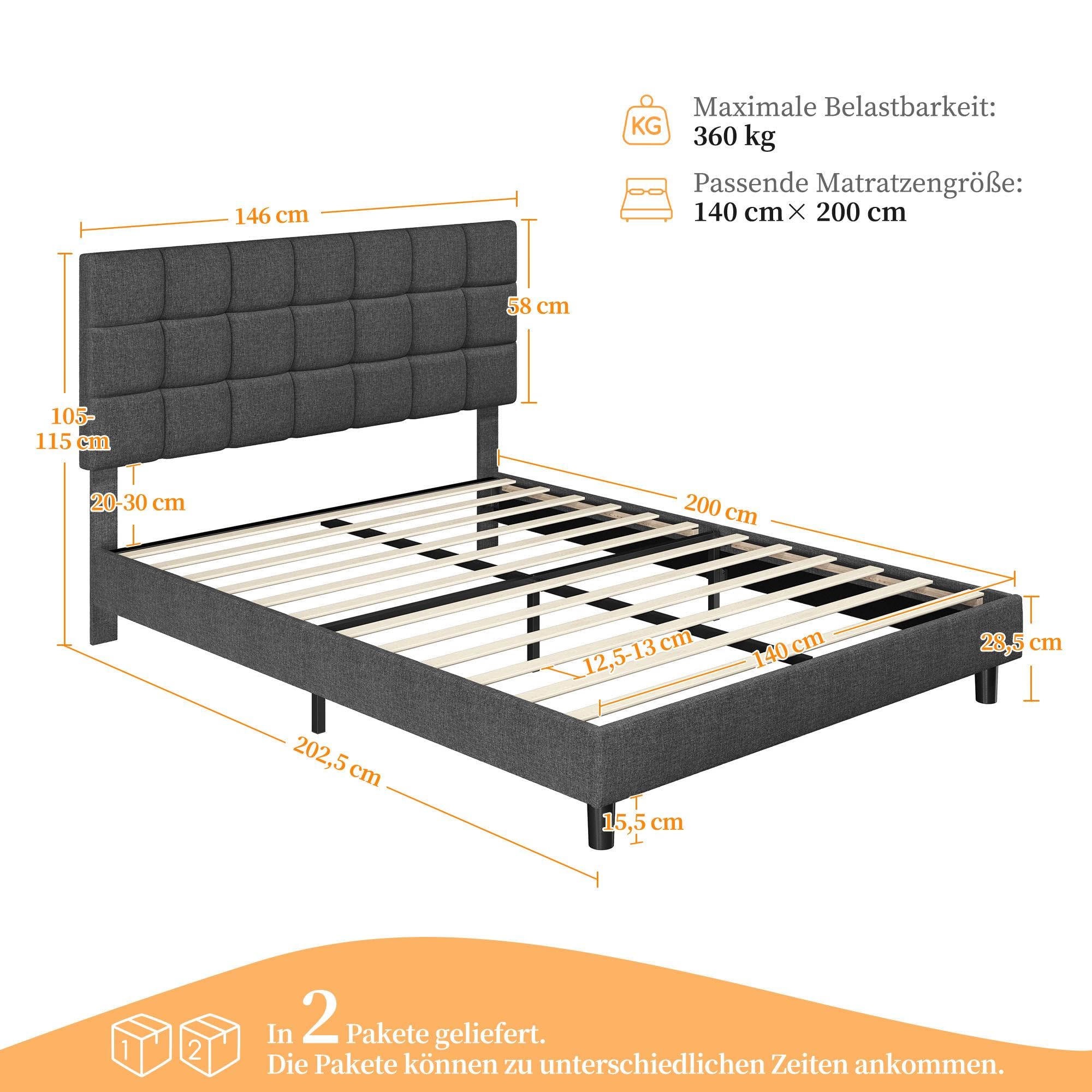 Yaheetech Polsterbett 140 x 200 cm Doppelbett mit Höhenverstellbarem Kopfteil, Stabiler Bettrahmen Stoffbett mit Lattenrost, Gepolstertes Bettgestell Jugendbett, Dunkelgrau