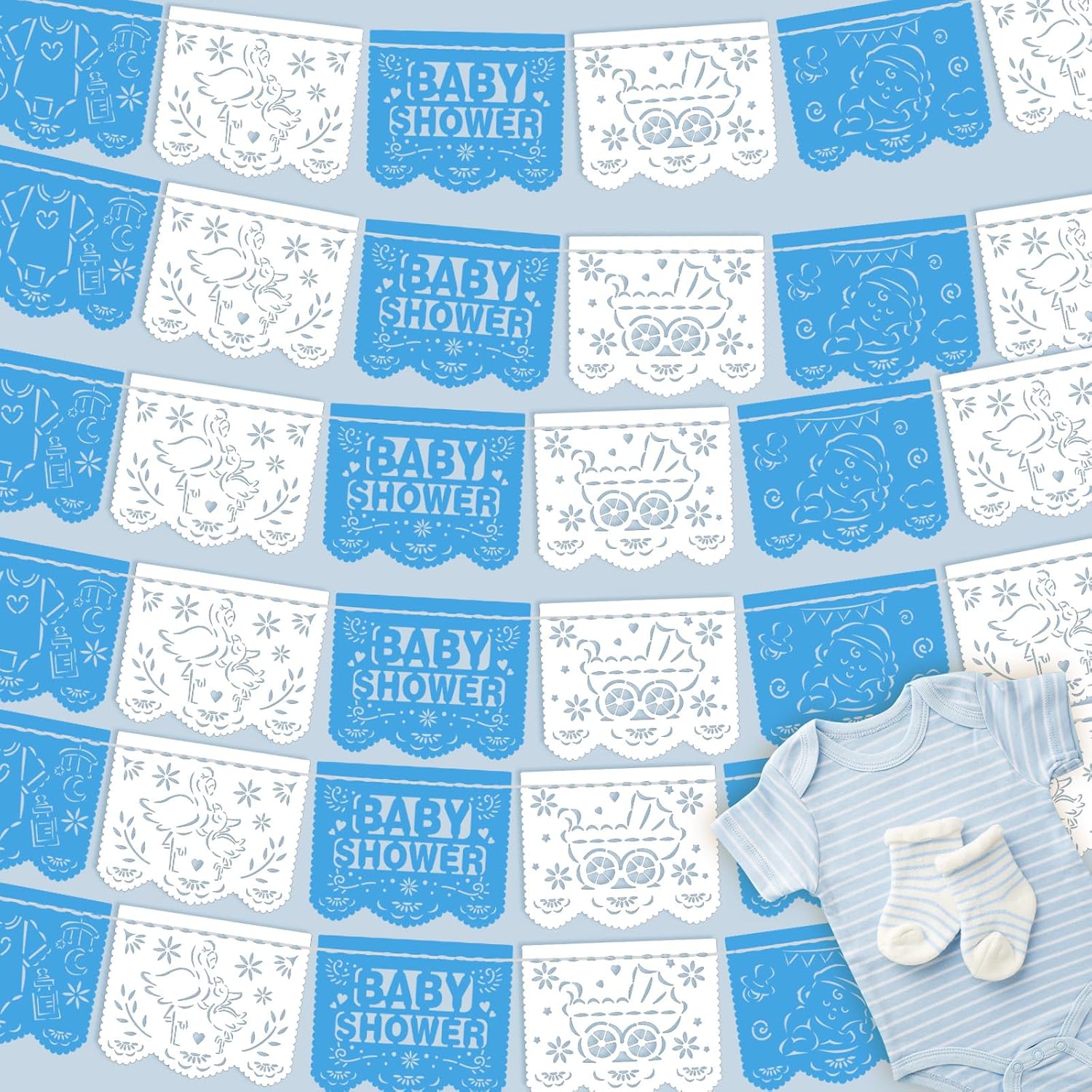 Mindsoft 6 Pack 98.43 ft Baby Shower Papel Picado Mexican Banner Cielito Lindo Party Plastic Fiesta Banner Talavera Theme Decorations for Baby Shower Party Hanging(Blue and White)