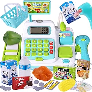 BUYGER Children's cash register toy, electronic cash register with scanner, microphone, sound, calculator function, grocery shop accessories, role play for children from 3 years
