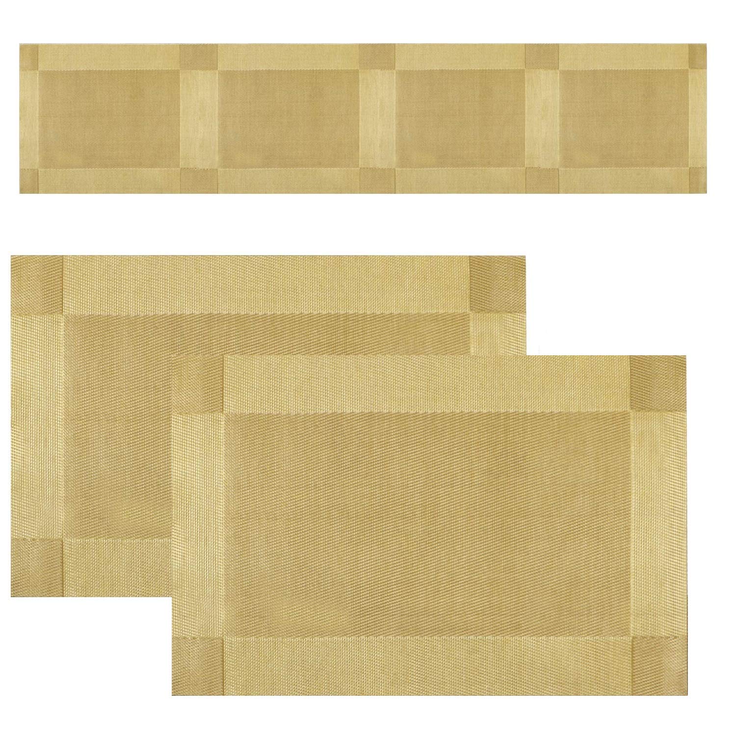 P-Plus International Washable PVC Vinyl Heat Resistant Dinner Table Mats Placement Easy to Wash Cleaning Both Side Usable (Set of 2 + 1 Runner, Gold)