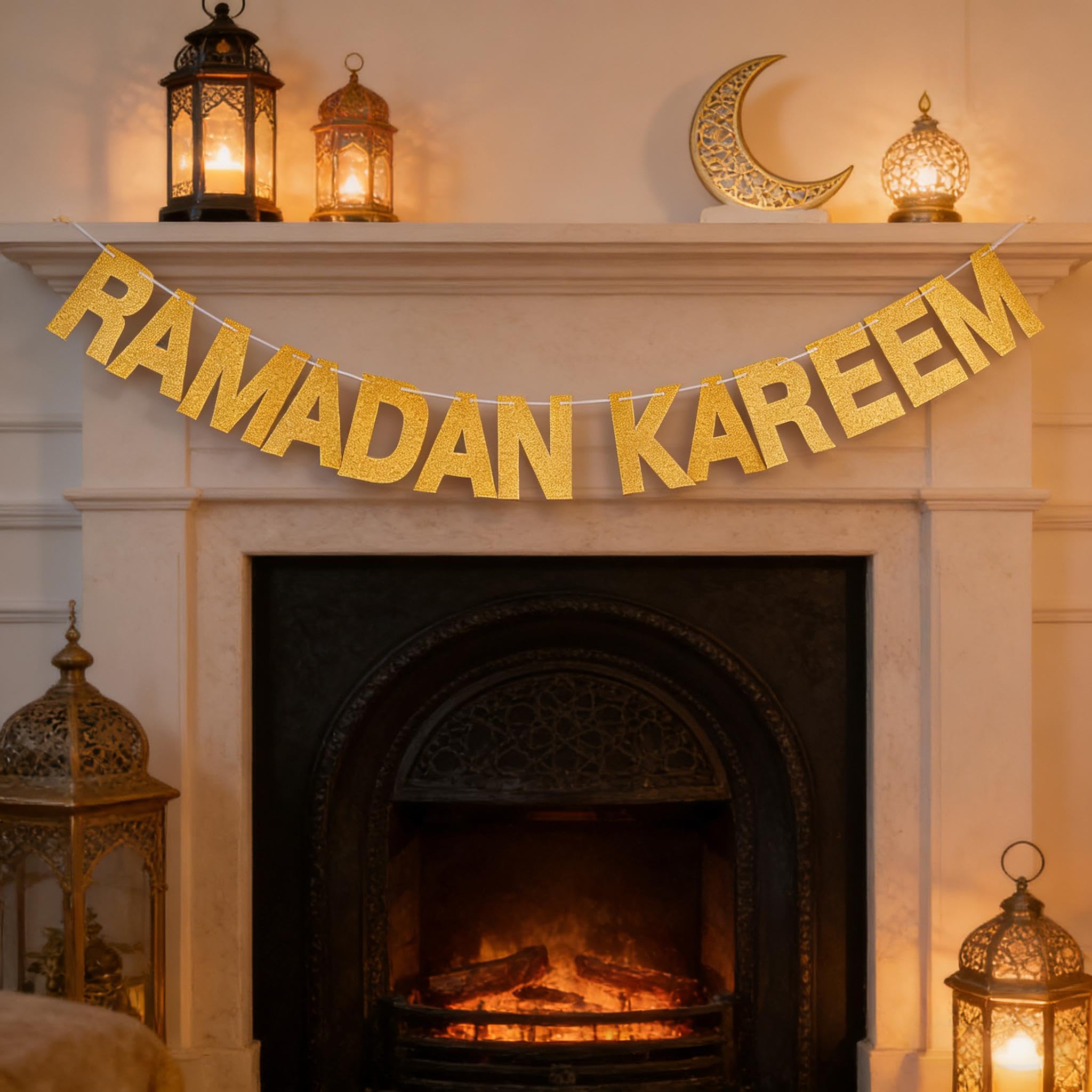 Ramadan Kareem Banner, Gold Paper Rustic Decorations Hanging Bunting with Letters Pattern, Muslim Party Decor Supplies for Home Mantel Fireplace Decor Indoor Outdoor Eid Celebrations