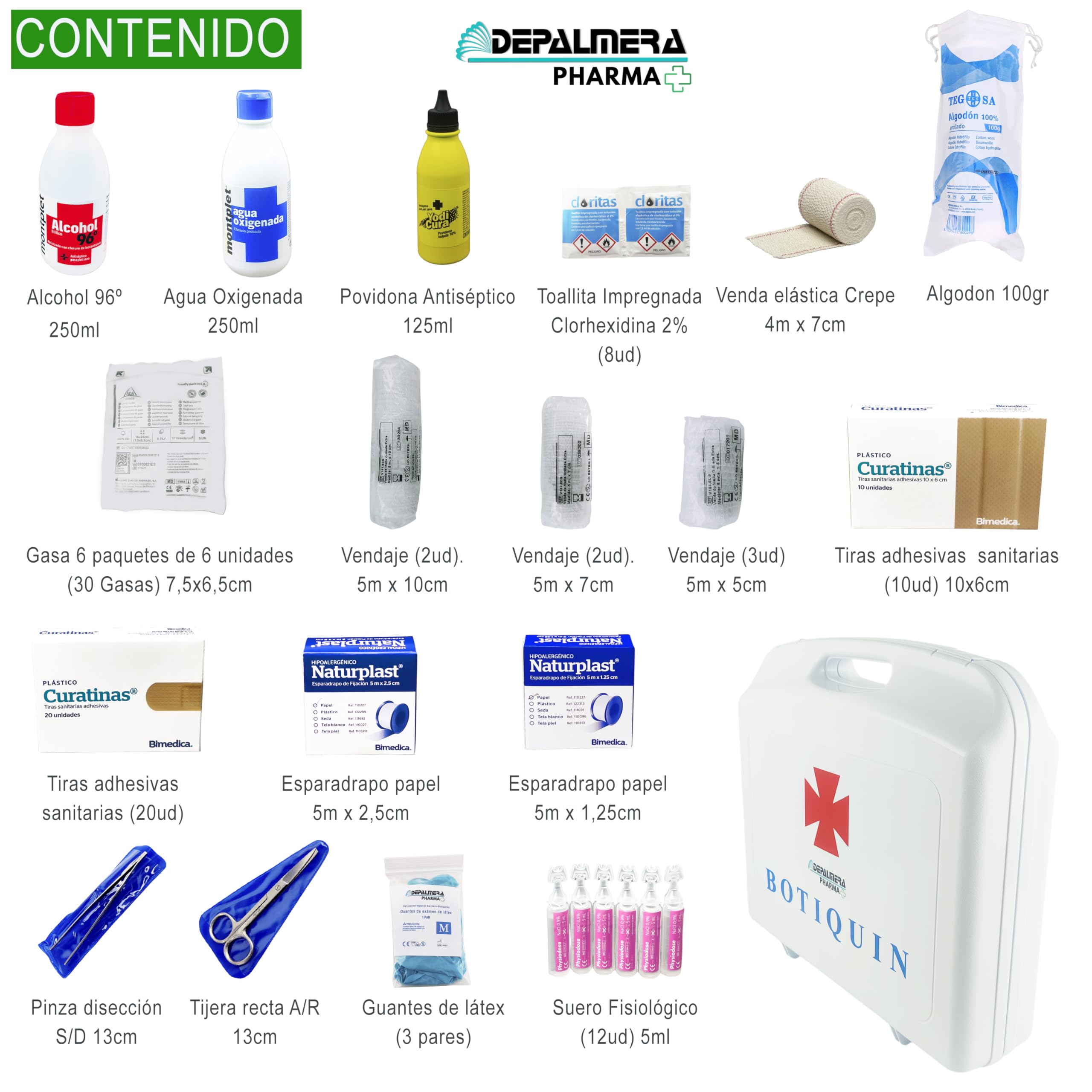 Pharma✙ Botiquín de Primeros Auxilios para Hogar y Trabajo, Maletín completo homologado 38x34x9cm con Vendas, Gasas, Guantes, Alcohol, Agua Oxigenada y Más, Ideal para Emergencias en casa.