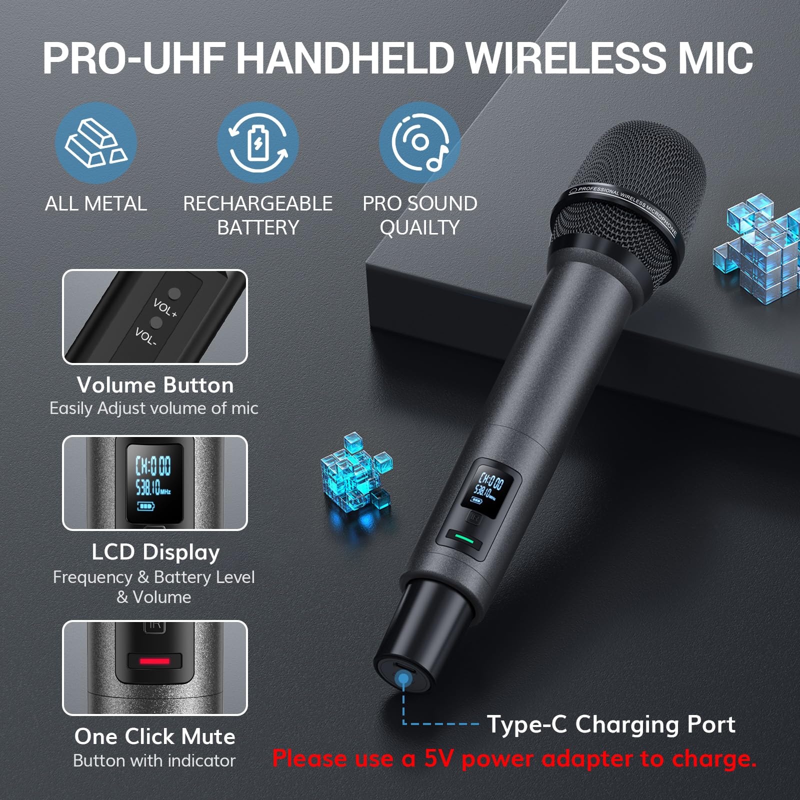 TONOR Mikrofon Kabellos Wiederaufladbares, Auto Scan, PRO-UHF Funkmikrofon Set, 2x100 Einstellbare Wireless Microphone, 6,35mm/3,5 mm, 80 m Reichweite für Gesang Karaoke Kirche Party DJ, TW550