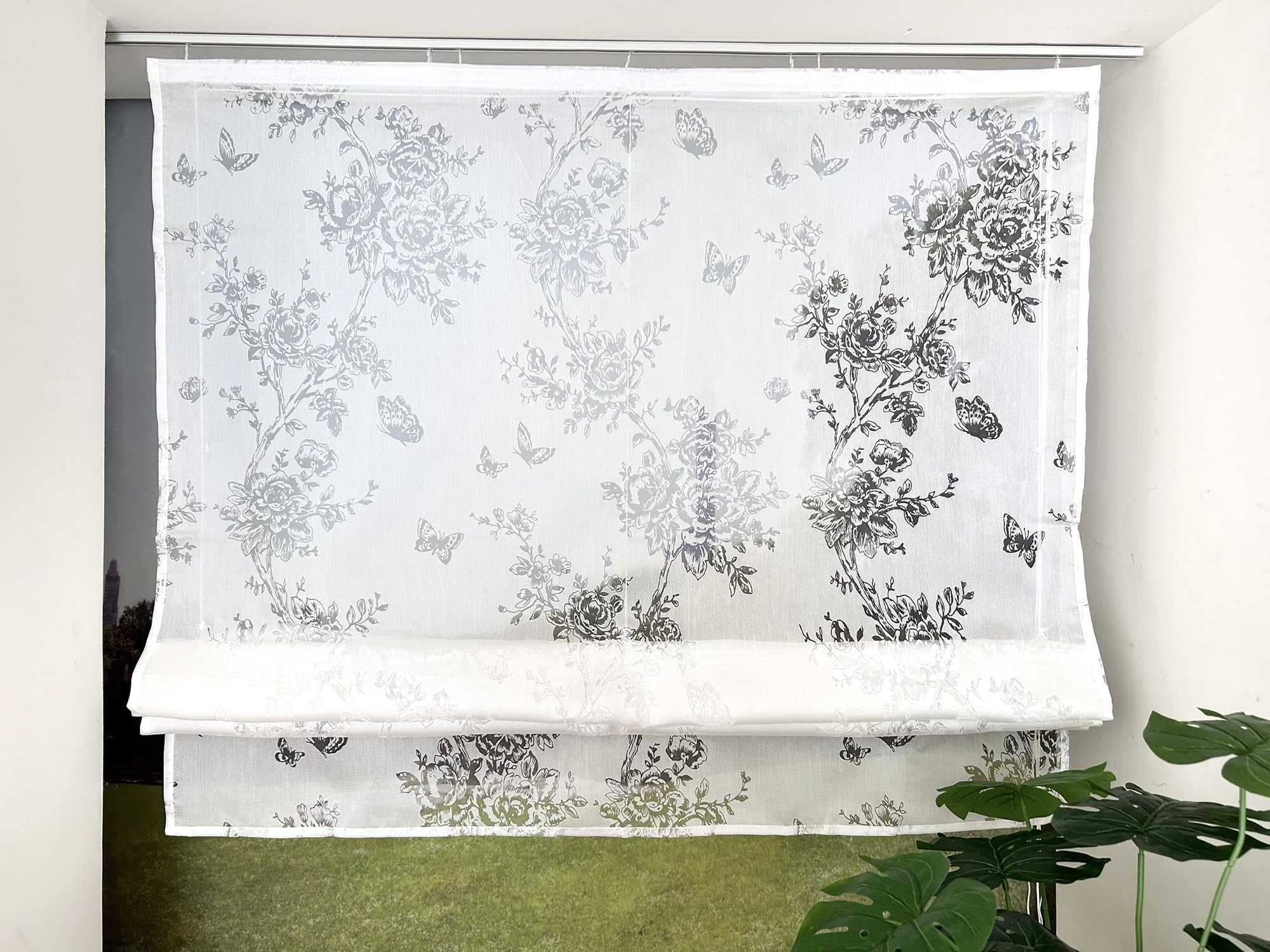Devola Raffrollo mit Blumenmuster Raffgardine Ausbrenner Rollo Vorhang Küche Fenster Gardinen Landhausstil Gardinen Kurz Halbtransparent HxB 140x140cm Weiß mit Klettband 1 Stück