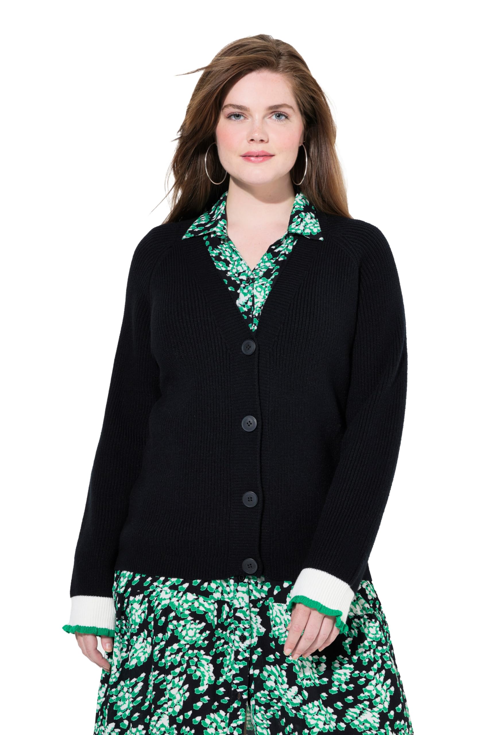 Ulla Popken Damen große Größen Übergrößen Plus Size Strickjacke, Schmuck-Bündchen, V-Ausschnitt 834133