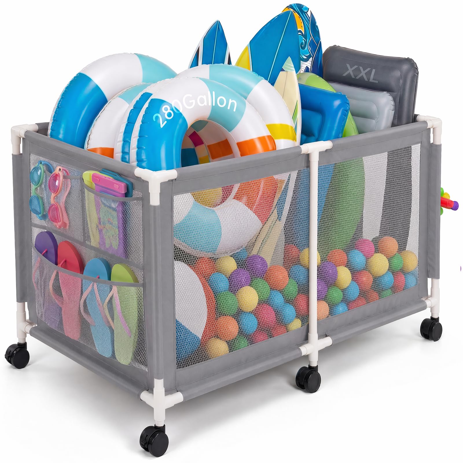 Jotesnew 280 Gallon 69" L Extra Large Swimming Pool Storage Bin, Pool Noodles Holder, Toys, Floats, Balls and Floats Equipment Mesh Rolling Storage Organizer Bin, 69" Lx32 Wx35 H (Gray) — image 1
