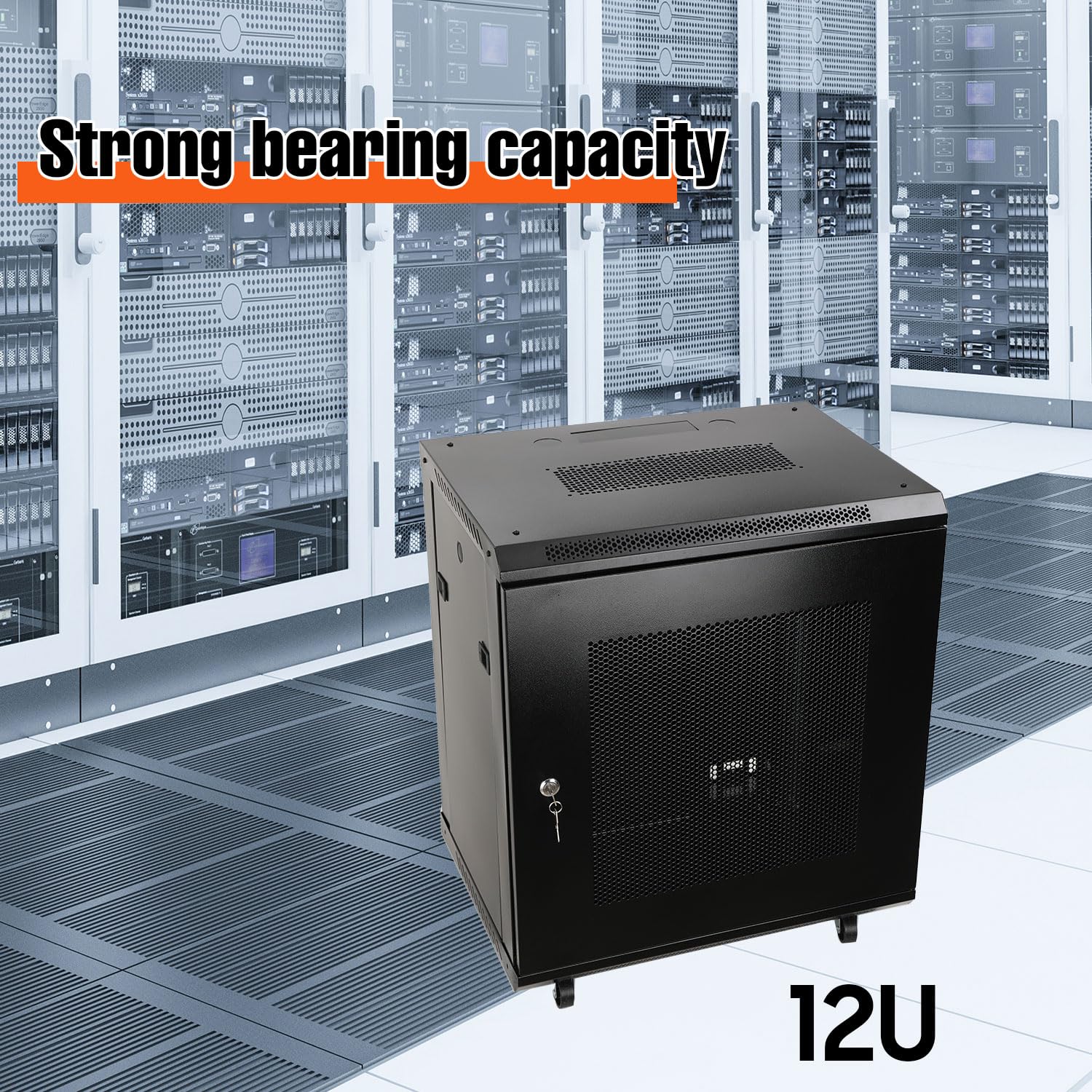 4-Pfosten 12 HE Netzwerk-Schrank Serverschrank Netzwerk Server Schrank mit Rädern- HxBxT 600×450×650mm - Traglast 60kg - Schwarz