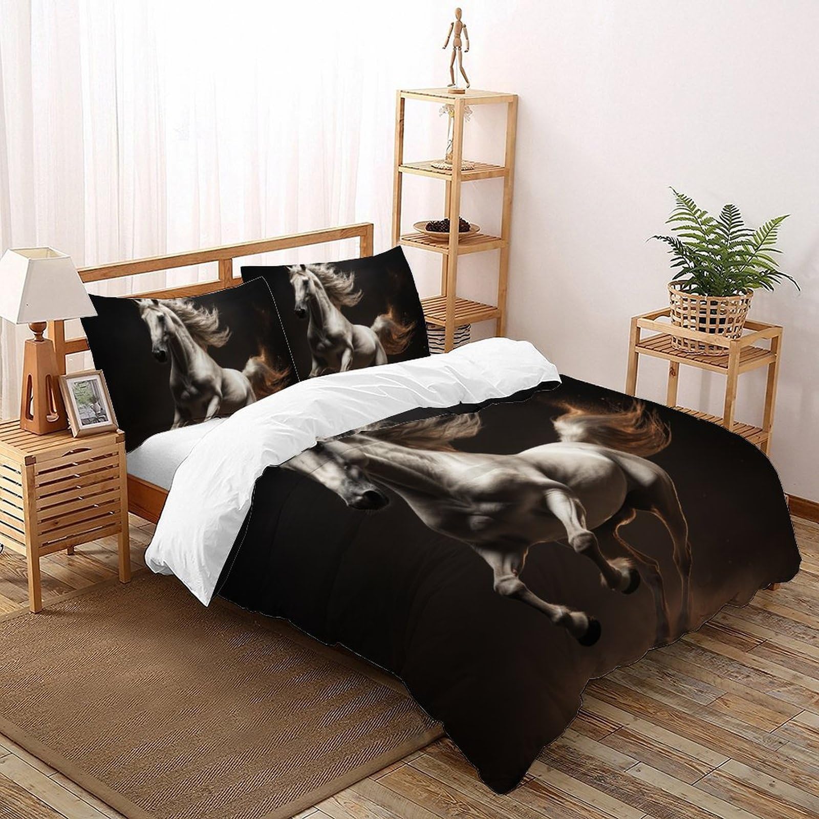 Parure de lit cheval blanc 200x200 cm avec housse de couette enfant 3 pièces et zip