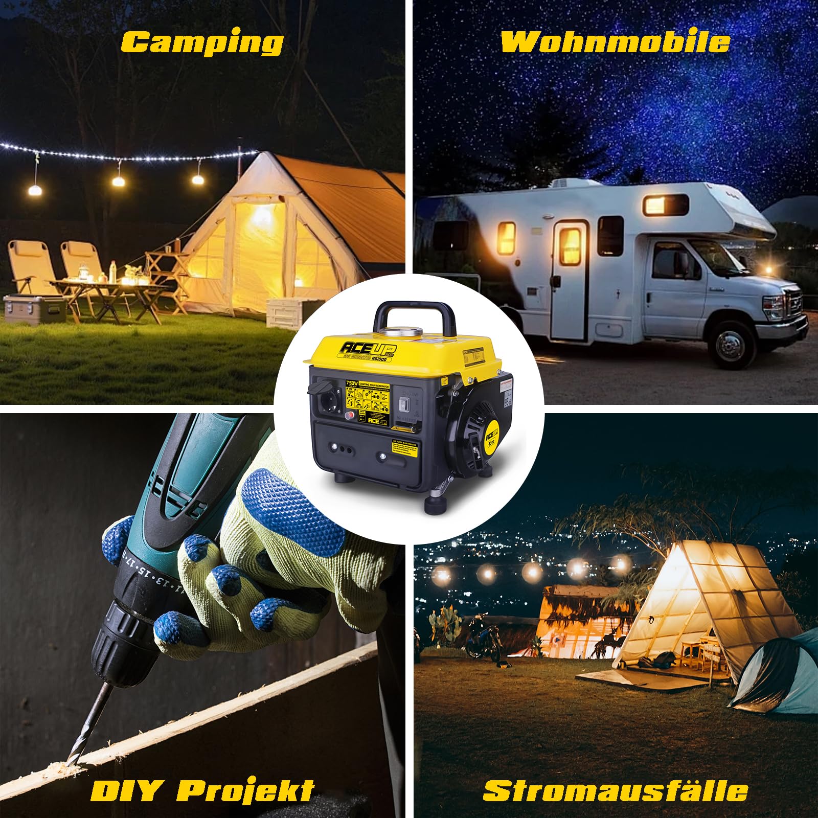 Aceup Energy Generatore di Corrente Portatile 750W, Mini Generatore Benzina 2 Tempi con Presa 230V, Ultraleggero per Campeggio, Emergenza e Uso Esterno, EURO-V CE