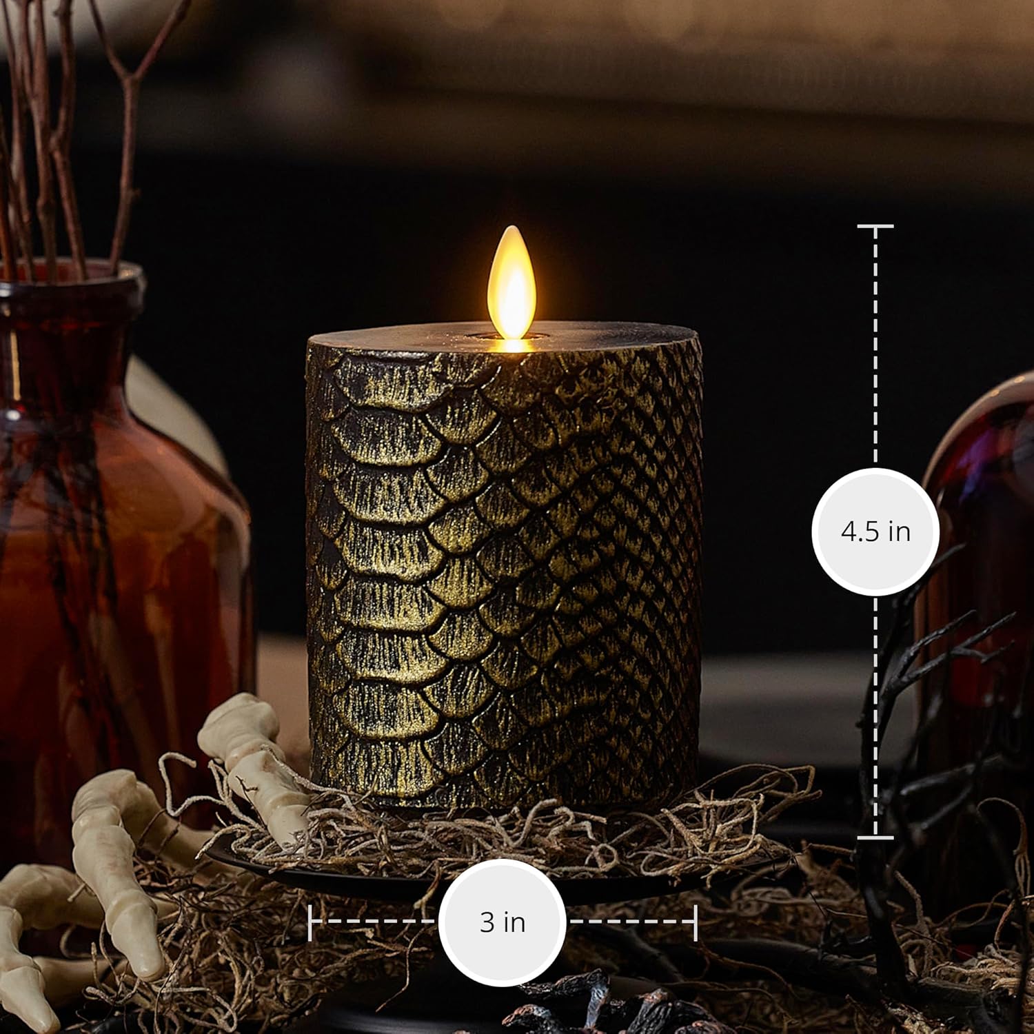 Luminara Snake Pattern Flameless LED Candle, Black & Gold 3" x 4.5", Moving Flame Pillar, Battery Operated Timer Real Wax Halloween Gothic Home Decor