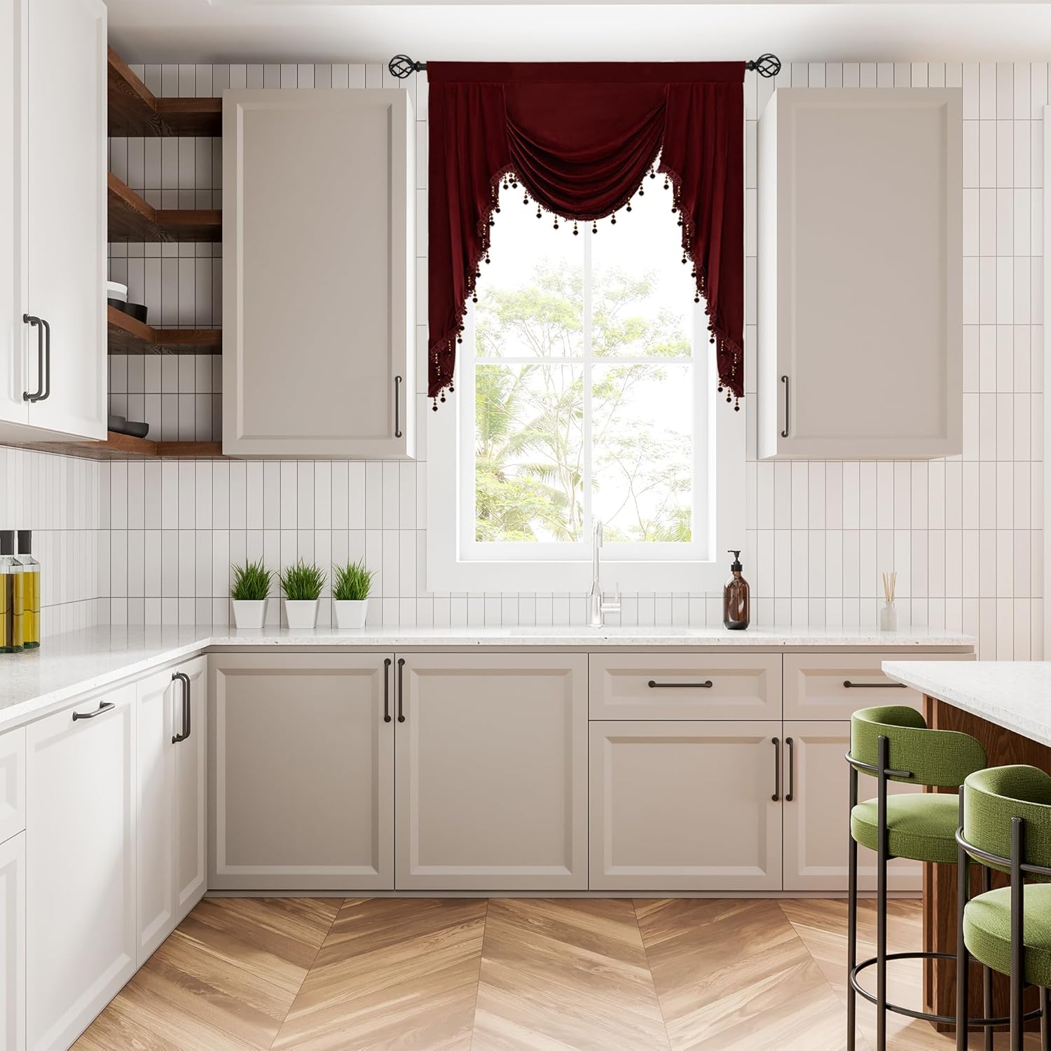 Velvet Curtain Valance, Soft Touch Rod Pocket Valance Curtains with Tassels Perfect for Kitchen and Living Room（Red Wine, 39inch Width）