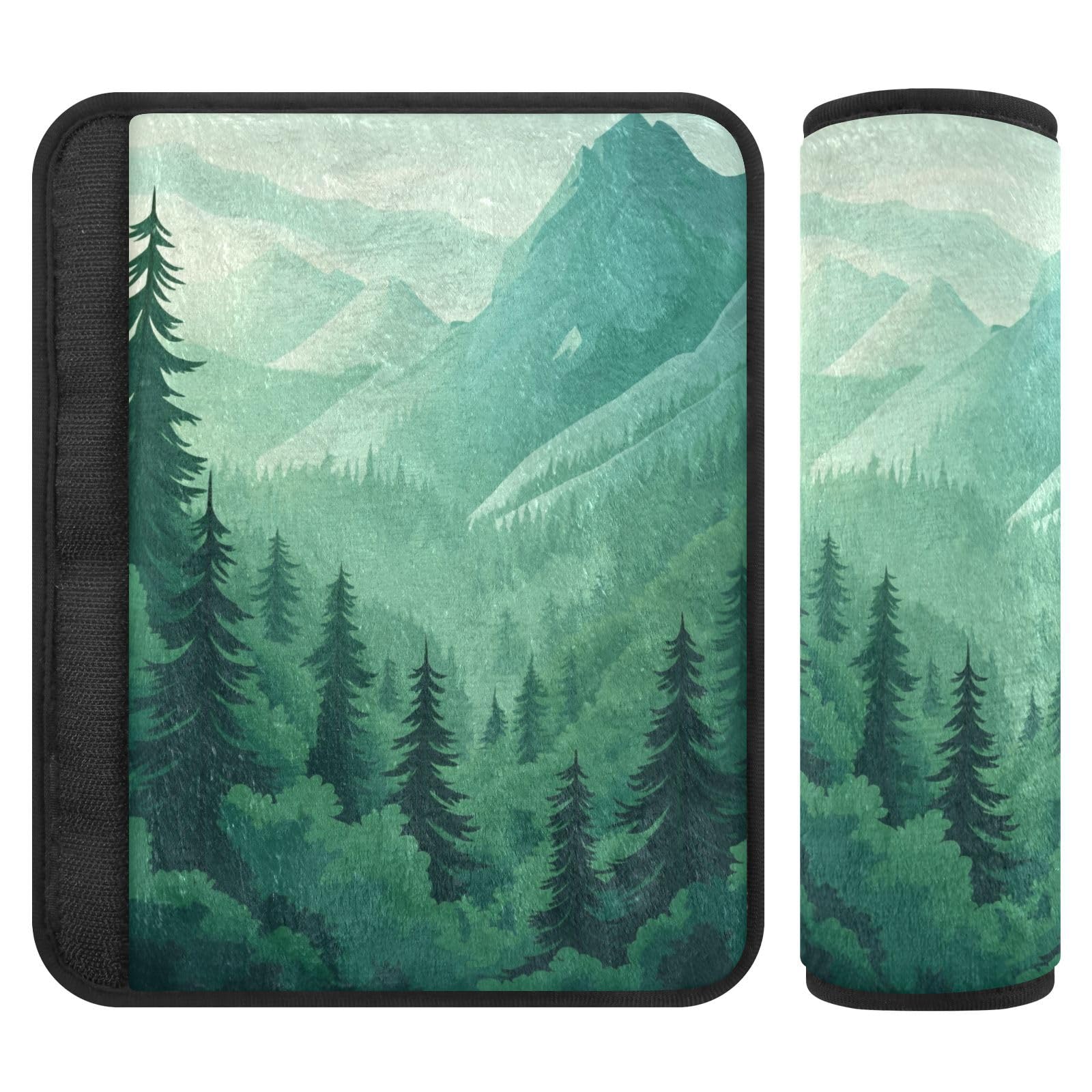 Mountain Forest Trees Green 02 Seat Belt Cover Pad 2 Pcs Soft Cute Seatbelt Covers Protector Support Head Neck Shoulder Strap for Car Seats High Chair Backpack for Adults Kids Women Men 10x7.7I