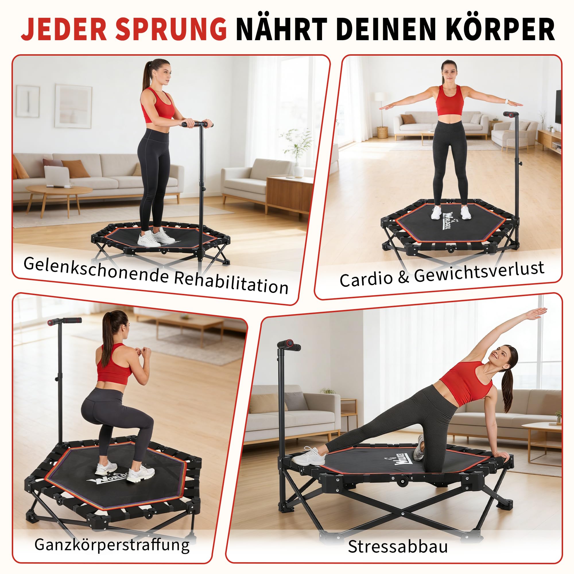 Trampolin Indoor Klappbar - Mini Trampolin mit Höhenverstellbarer Handgriff - Tragkraft 150 kg - Ø 86.5 cm - Jumping Trampolin Fitness für Erwachsene & Kinder - Sport Geräte für Zuhause