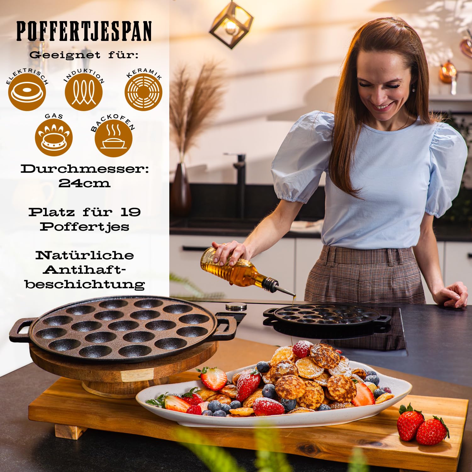 IRONO Poffertjes Pfanne - Poffertjes Maker - 19 Mini Pfannkuchen - Pancake Pfanne - Gusseisen Pfannkuchenpfanne - Eier Crepe pfanne - Inkl. Butterpinsel, Wendegabel, 6 Gabeln, Teigflasche, Griffe
