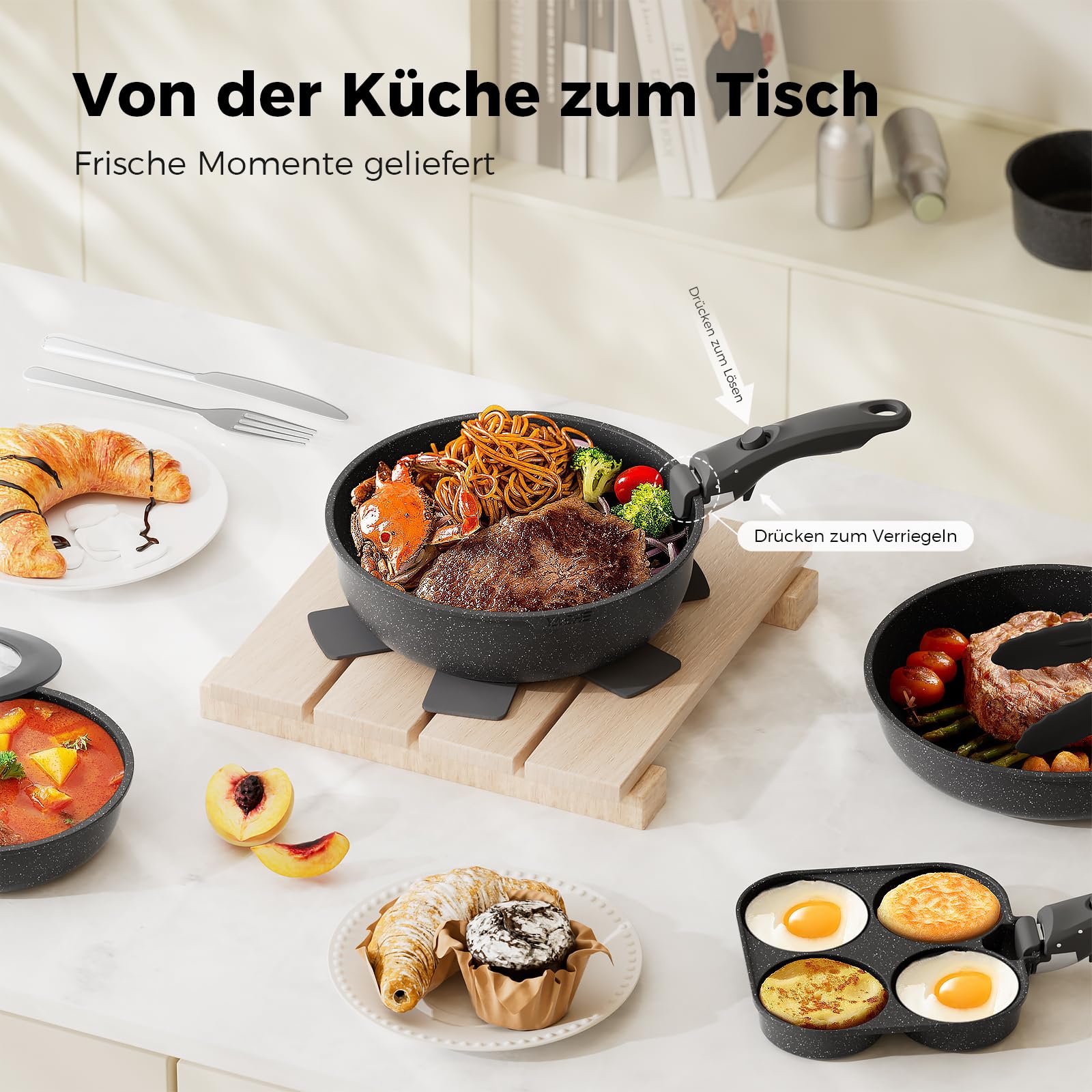YASHE 20-teiliges Topfset mit Antihaftbeschichtung, abnehmbare Griffe, induktionsgeeignet, Backofen bis 230 °C, spülmaschinenfest, stapelbar, ideal für Familien, Grau