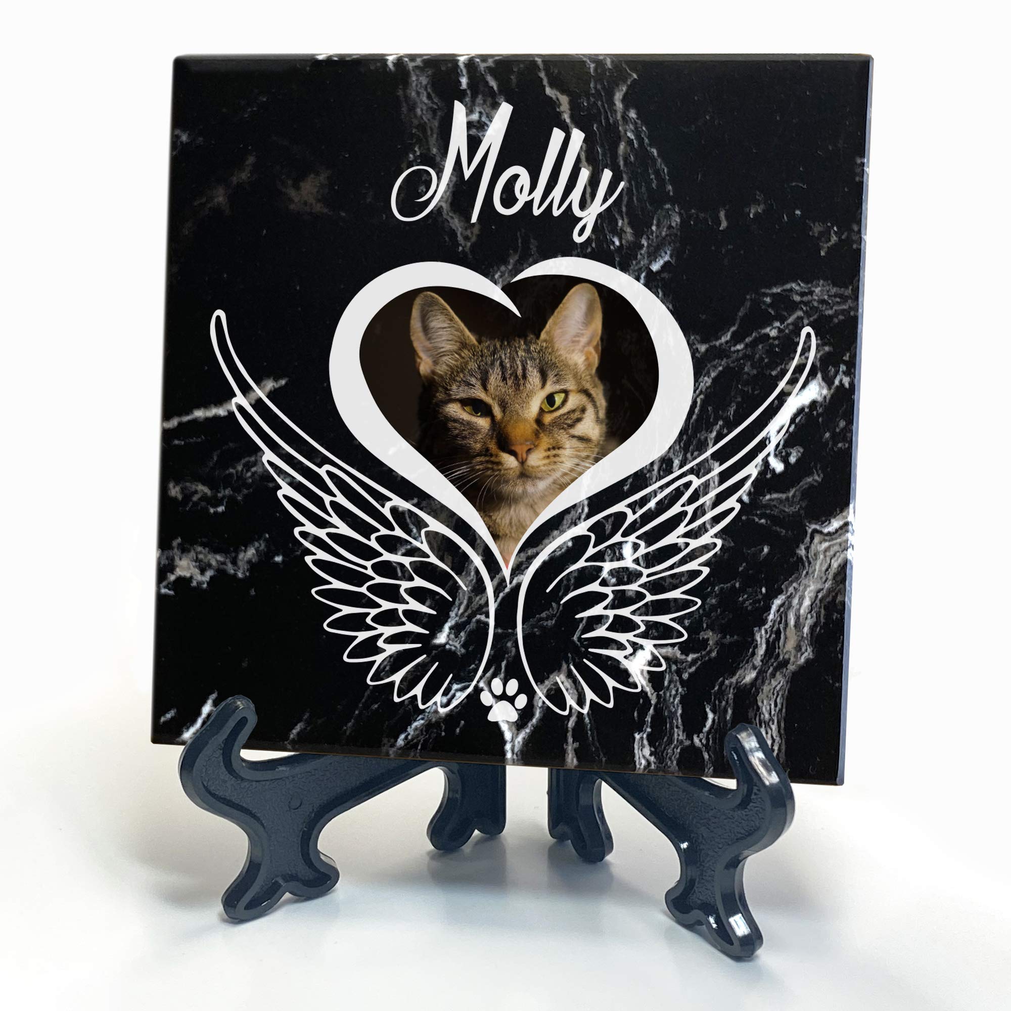 TULLUN Personalised Memorial Black Marble Stone Plaque + Stand For Pet Cat Dog Frame Paw Grave Marker - Angel Wings - Size |4" x 4" or 10 x 10 cm|